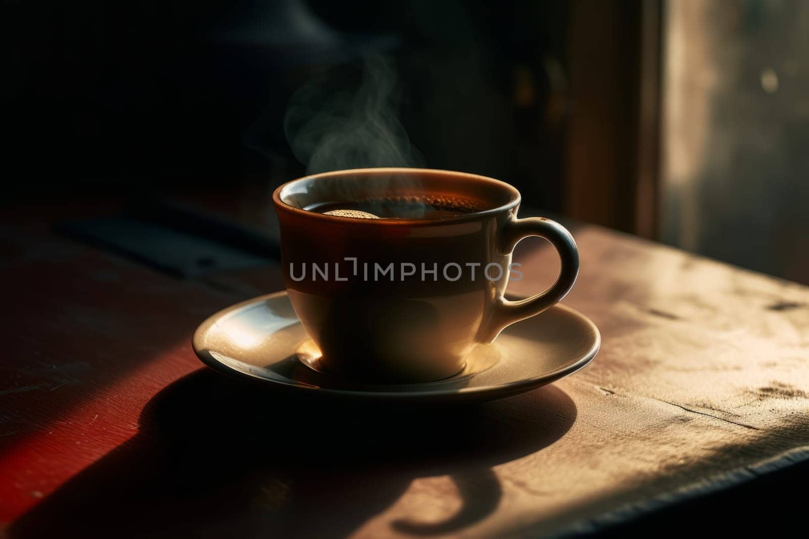 A cup of coffee on the table with steam coming out of the cup.