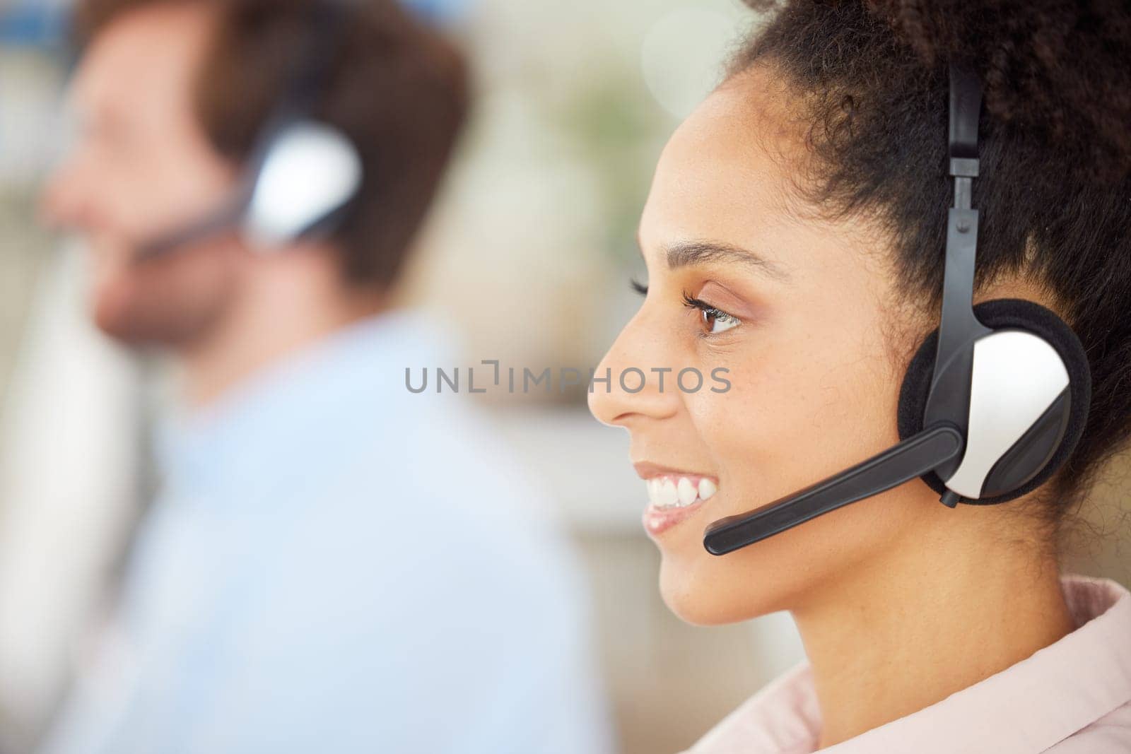 Call center, consulting and communication with business woman for telemarketing, customer service and contact us. Sales, crm and technical support with black woman in help desk agency for networking by YuriArcurs