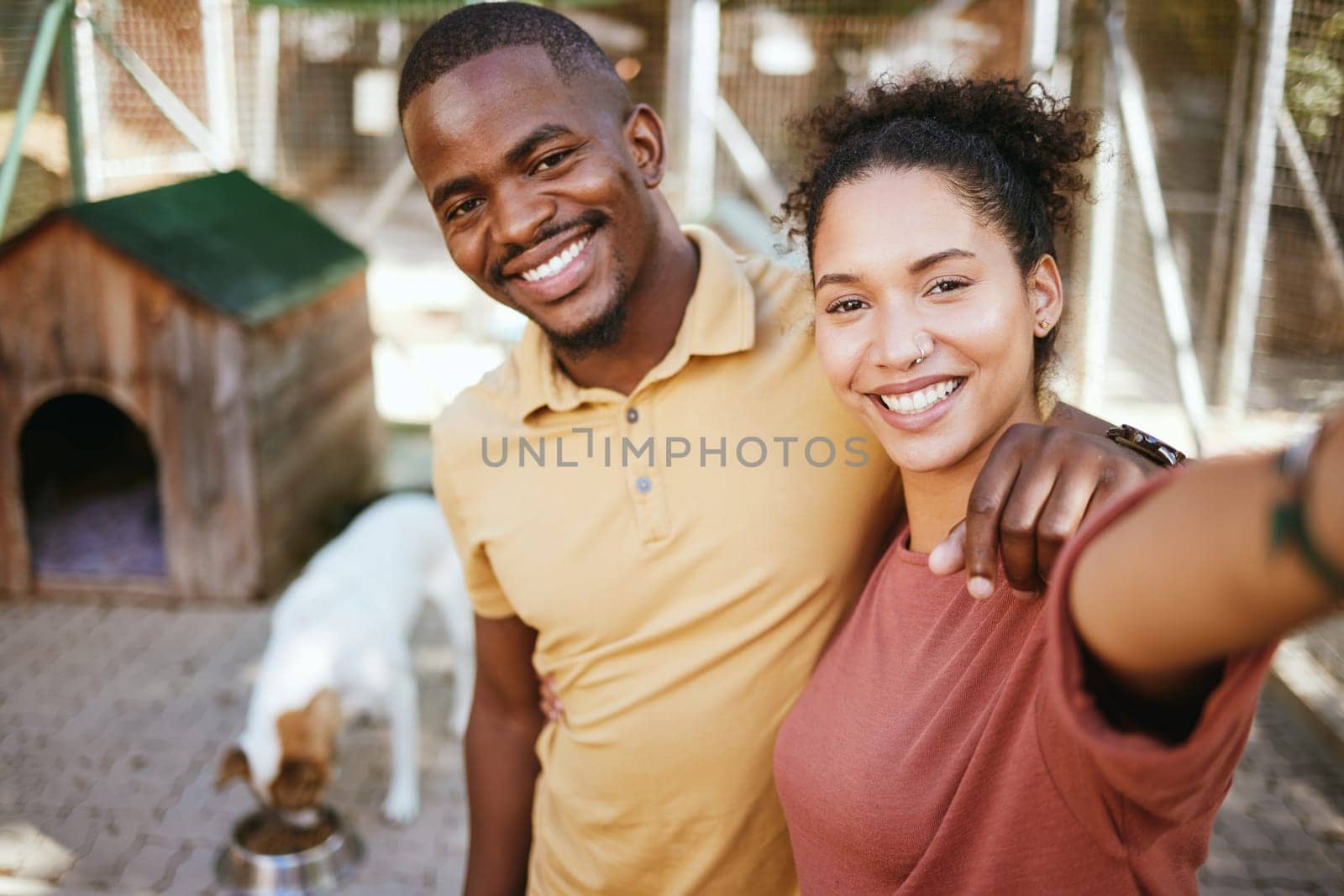 Love, dog or couple of friends take a selfie at an animal shelter or adoption center for homeless dogs. Pets, face portrait or black woman with a fun black man taking pictures as a happy black couple.