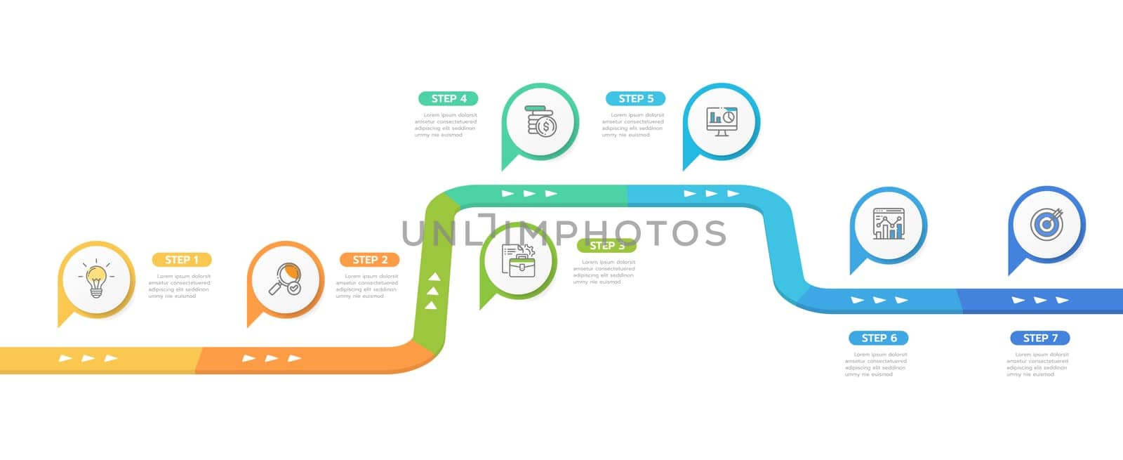 Infographic template for business. 7 Steps Modern Timeline diagram with road journey concept, presentation vector infographic.