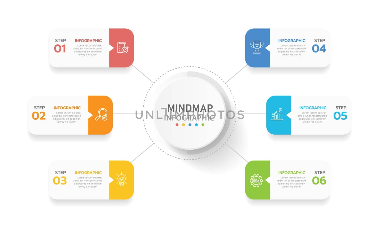 Infographic template for business. 6 Steps Modern Mindmap diagram with rectangle topics, presentation vector infographic. by Infowizard