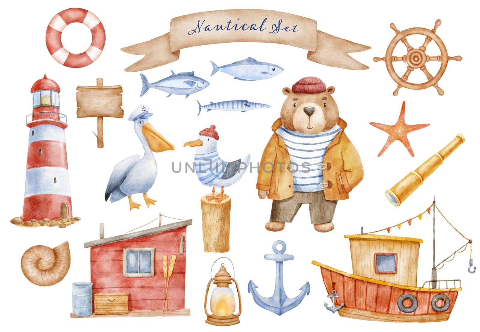 Funny sea animals characters, fishing boat and lighthouse on stones. Watercolor illustration isolated on white, hand drawn clipart set. Fish, lighthouse and fisher house