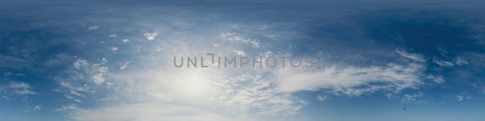 Dark blue sunset sky panorama with light Cirrus clouds. Seamless hdr 360 panorama in spherical equirectangular format. Full zenith for 3D visualization, sky replacement for aerial drone panoramas. by panophotograph