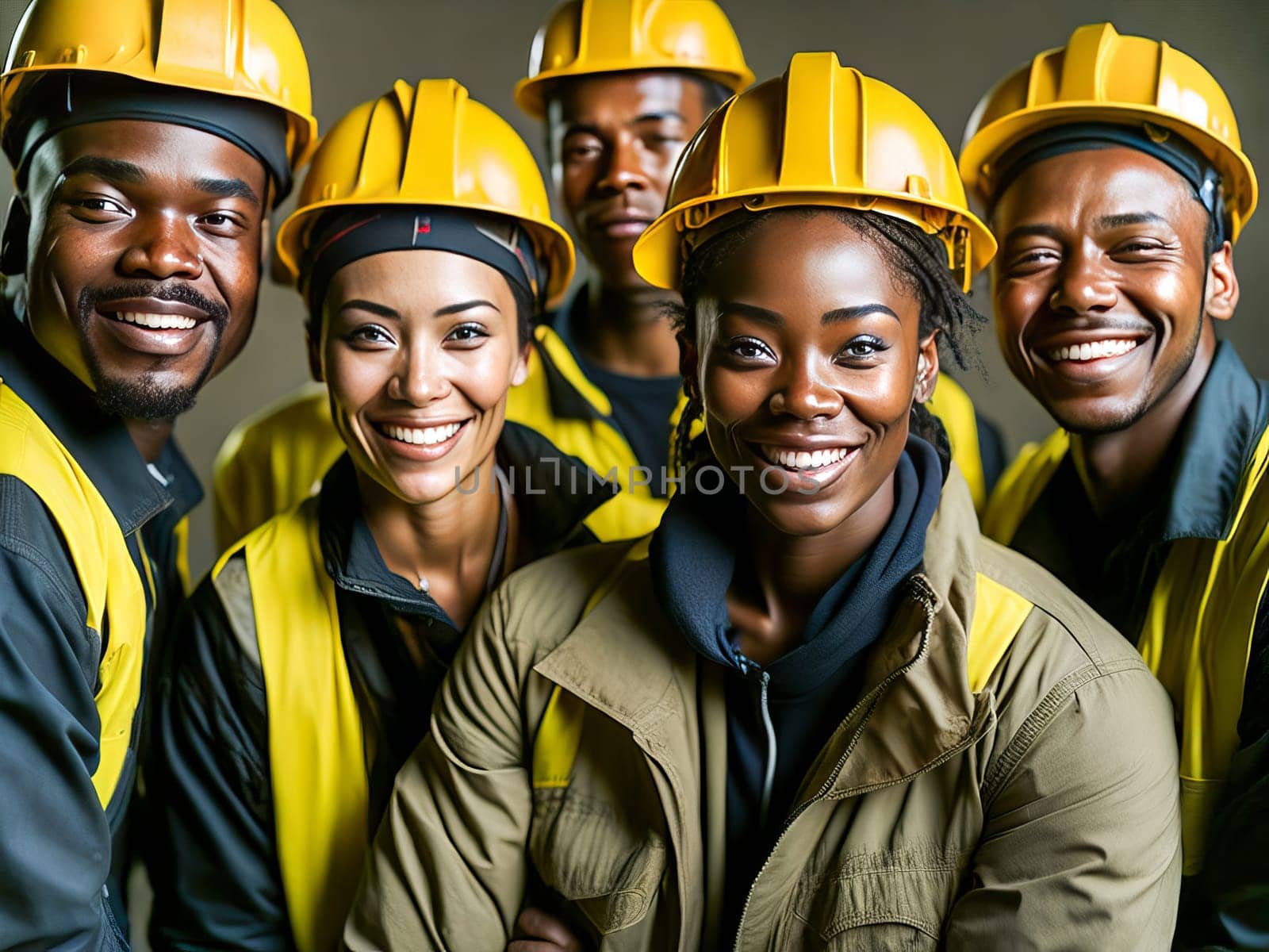 Group of diverse Professional Heavy Industry Engineer Workers Wearing Uniform and Hard Hat in Factory. Generative Ai