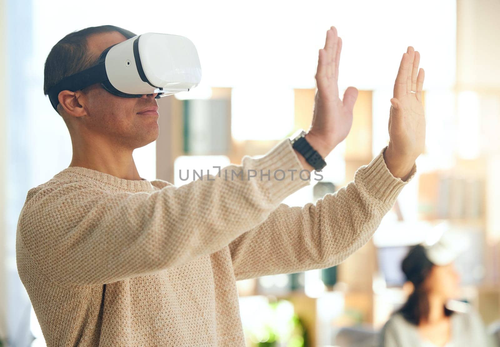 Man, hands and virtual reality, futuristic tech with vr glasses and metaverse experience, 3d vision and cyber space. Gaming, augmented reality with vr and ux, technology innovation and digital matrix.
