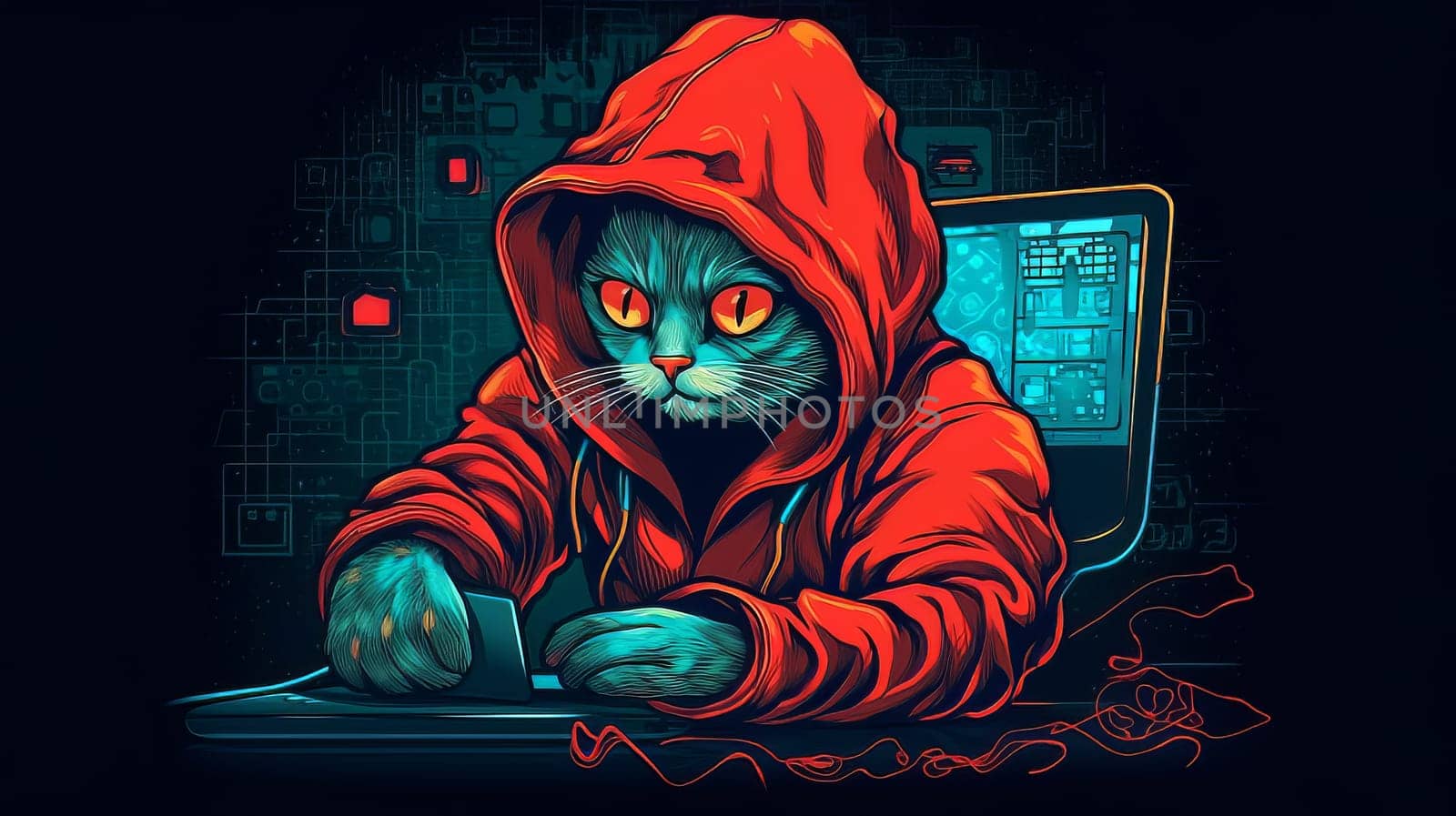 Funny pet character in hoodie playing computer. Cat hacker with laptop. Generative ai