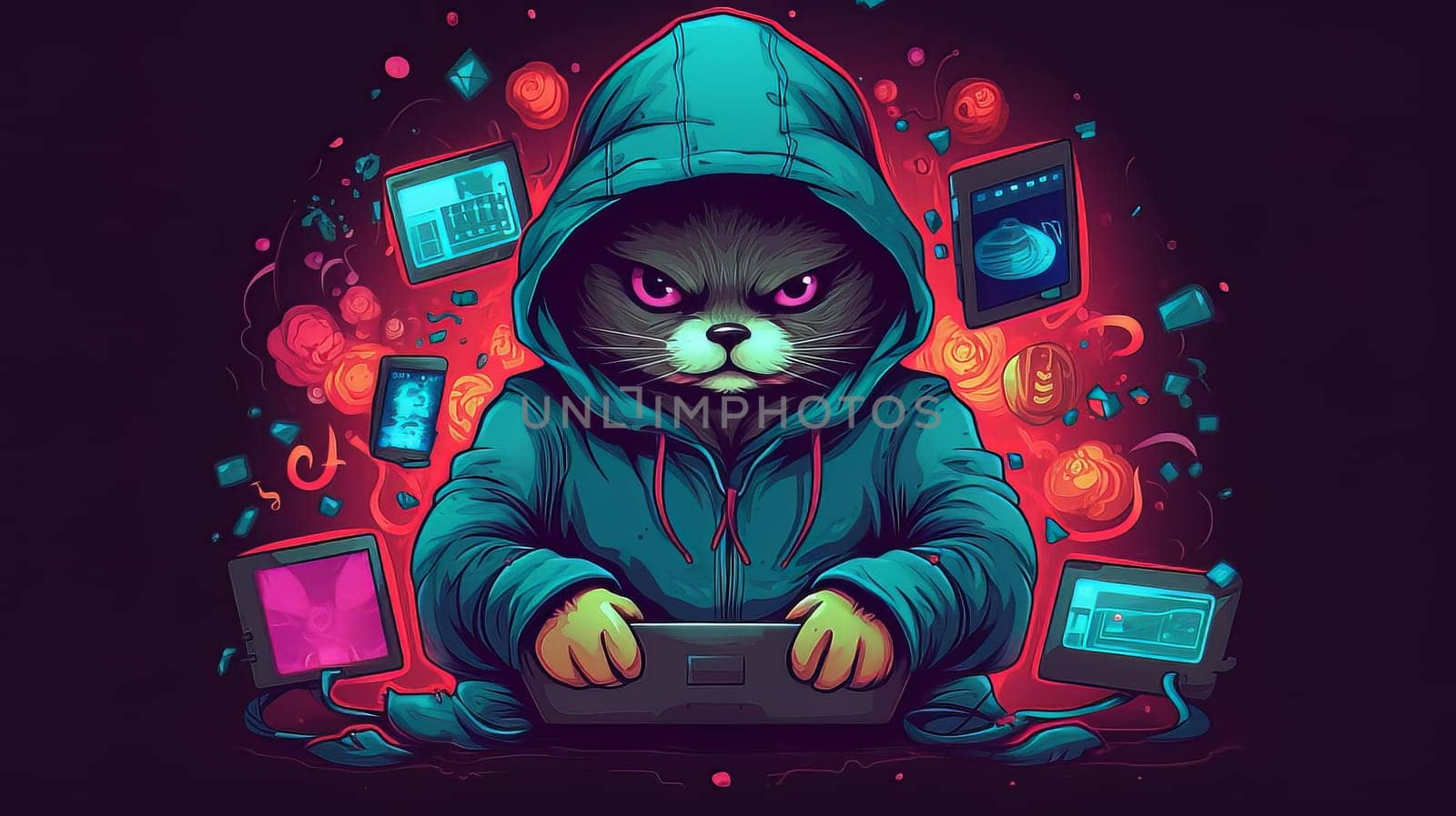 Funny pet character in hoodie playing computer. Cat hacker with laptop. Generative ai