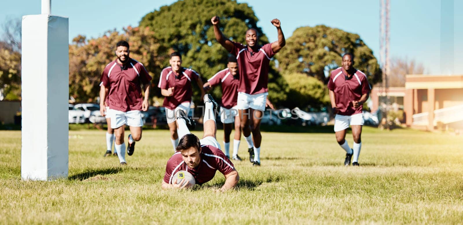 Rugby, team and sports game with men celebrate player scoring a try, fitness and active outdoor with cheers. Happy, winning and support with competition and exercise, championship match and energy.