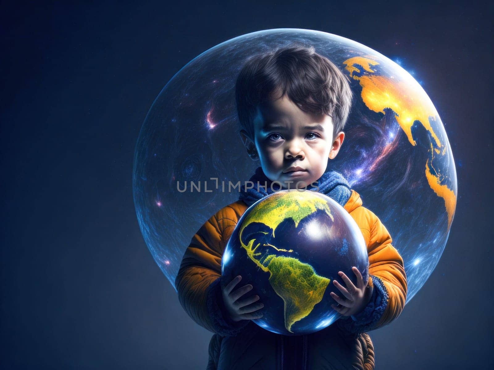 Small child is holding the Earth. Save the planet. Earth Day. Future is in Their Hands. Generative Ai