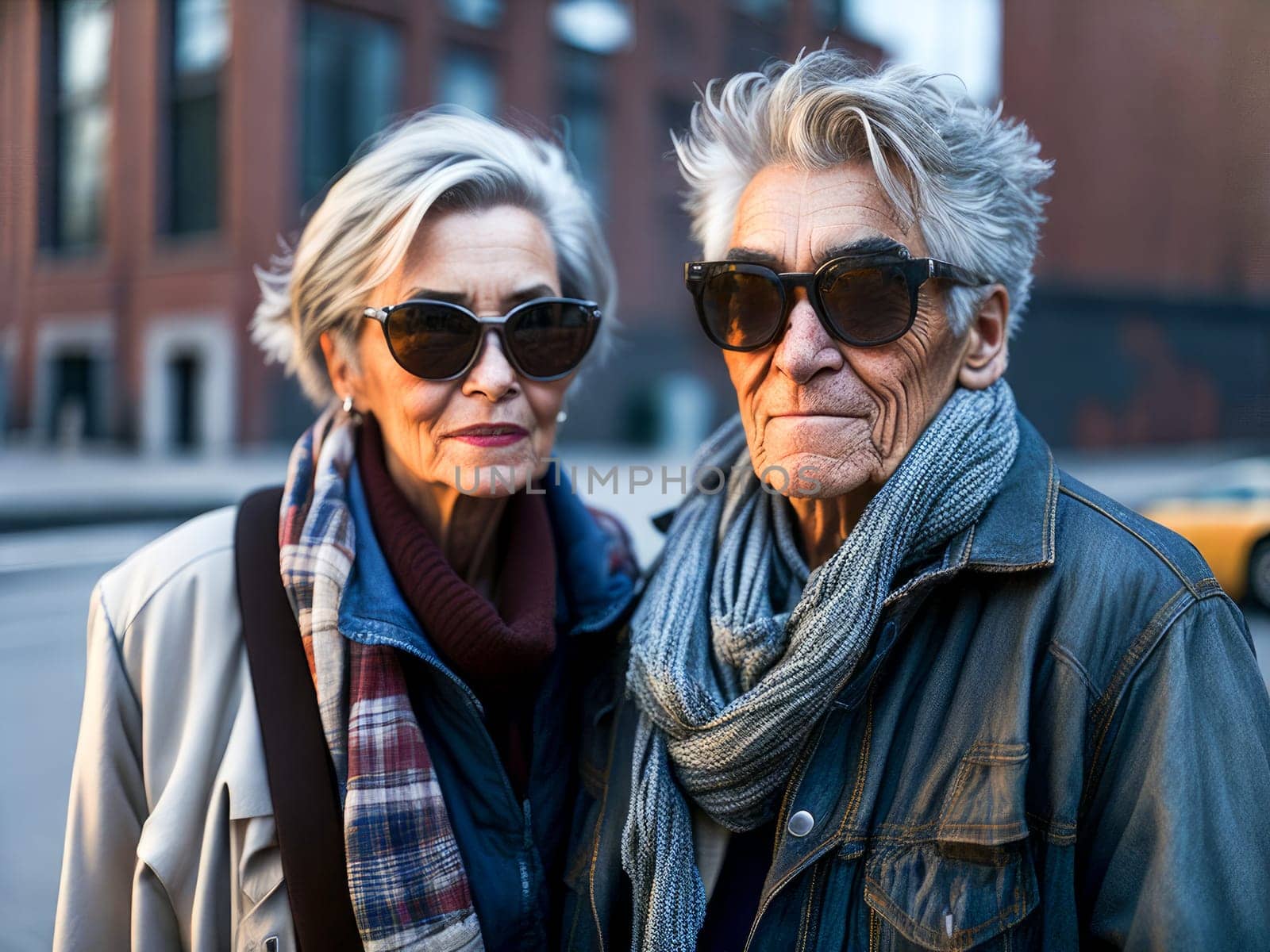 Smiling senior couple with grey hair in sunglasses with modern clothes walking at the city enjoying the retirement together. Generative Ai