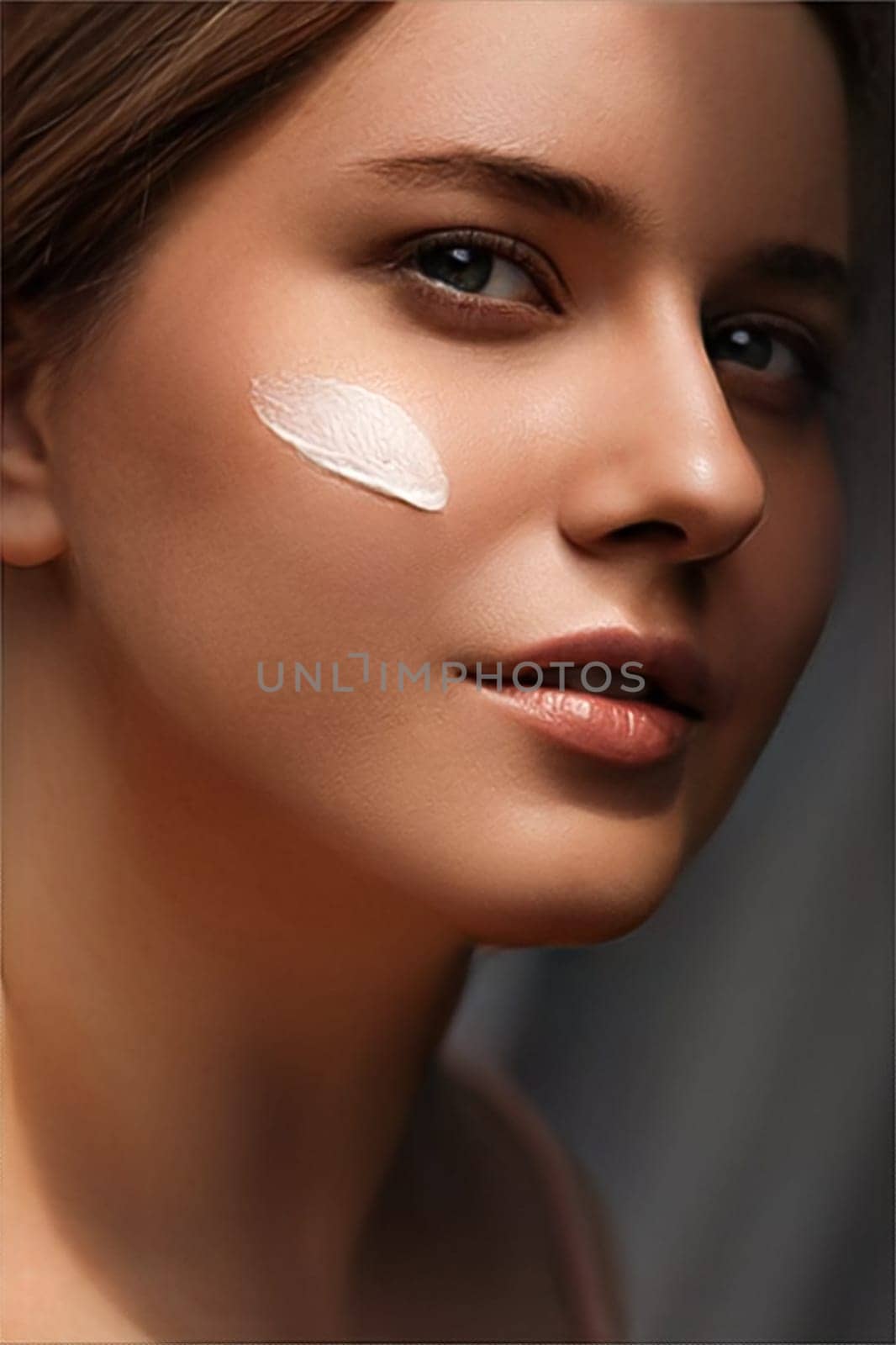 Beauty, suntan spf and skincare cosmetics model face portrait, woman with moisturising cream, sunscreen product or sun tan lotion on her cheek, luxury facial and skin care ad by Anneleven