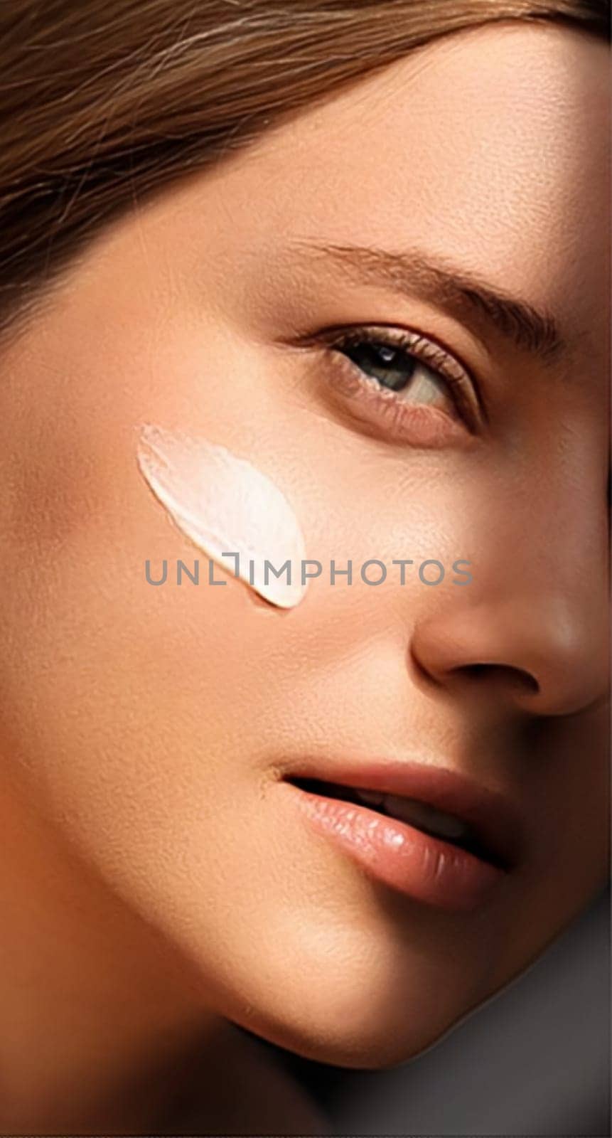 Beauty, suntan spf and skincare cosmetics model face portrait, woman with moisturising cream, sunscreen product or sun tan lotion on her cheek, luxury facial and skin care ad by Anneleven