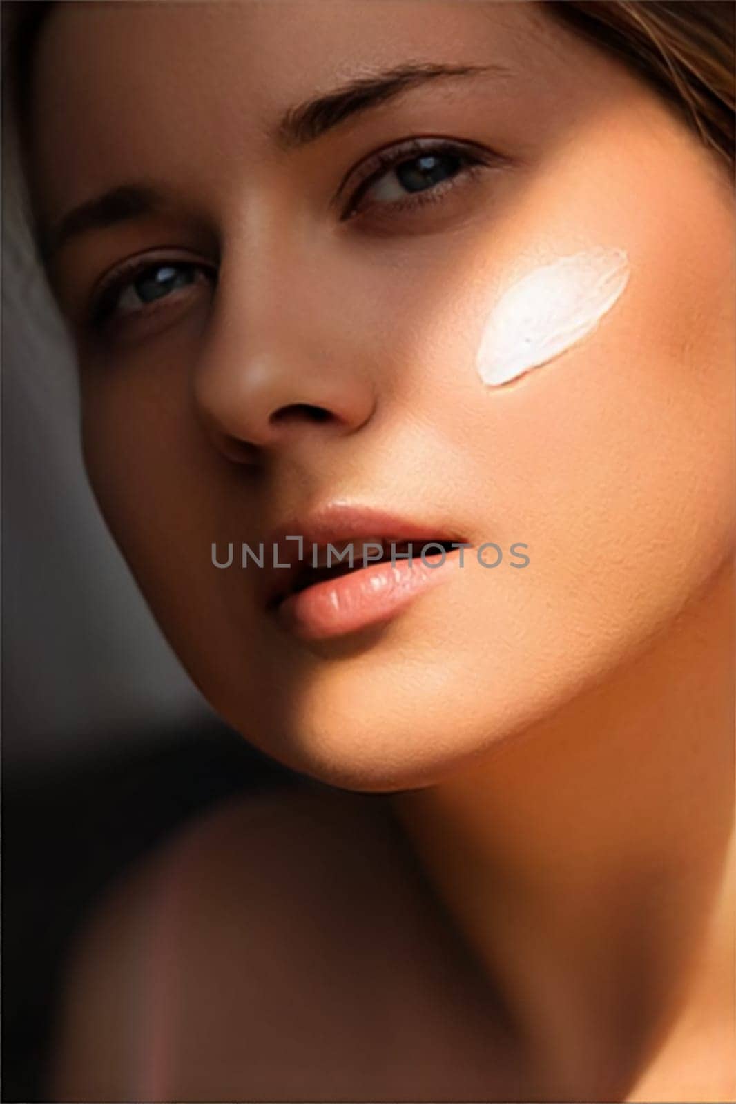 Beauty, suntan spf and skincare cosmetics model face portrait, woman with moisturising cream, sunscreen product or sun tan lotion on her cheek, luxury facial and skin care ad