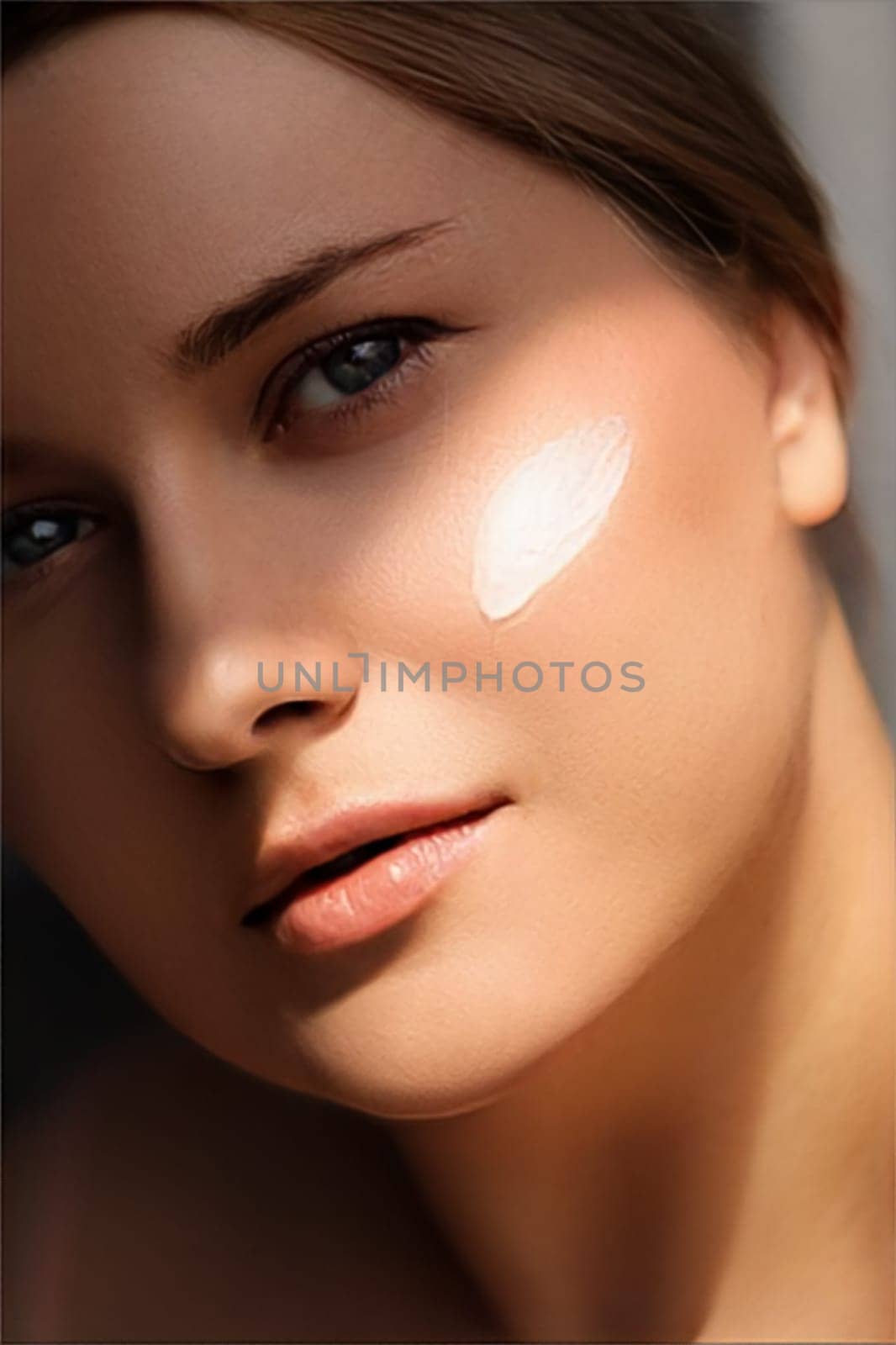 Beauty, suntan spf and skincare cosmetics model face portrait, woman with moisturising cream, sunscreen product or sun tan lotion on her cheek, luxury facial and skin care ad by Anneleven