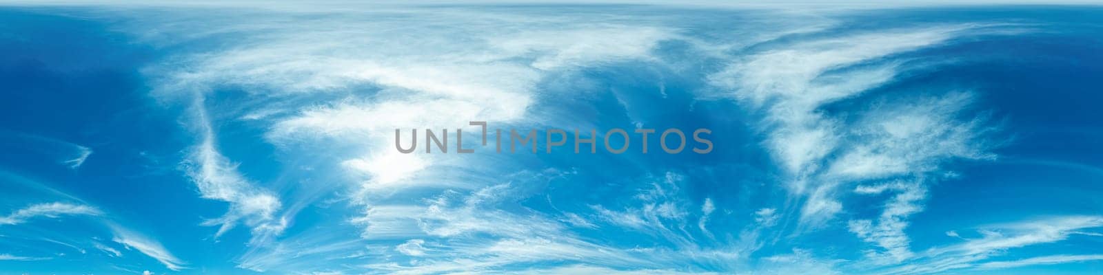 sky panorama with bright glowing Cirrus clouds. HDR 360 seamless spherical panorama. Full zenith or sky dome for 3D visualization, sky replacement for aerial drone panoramas. by Matiunina