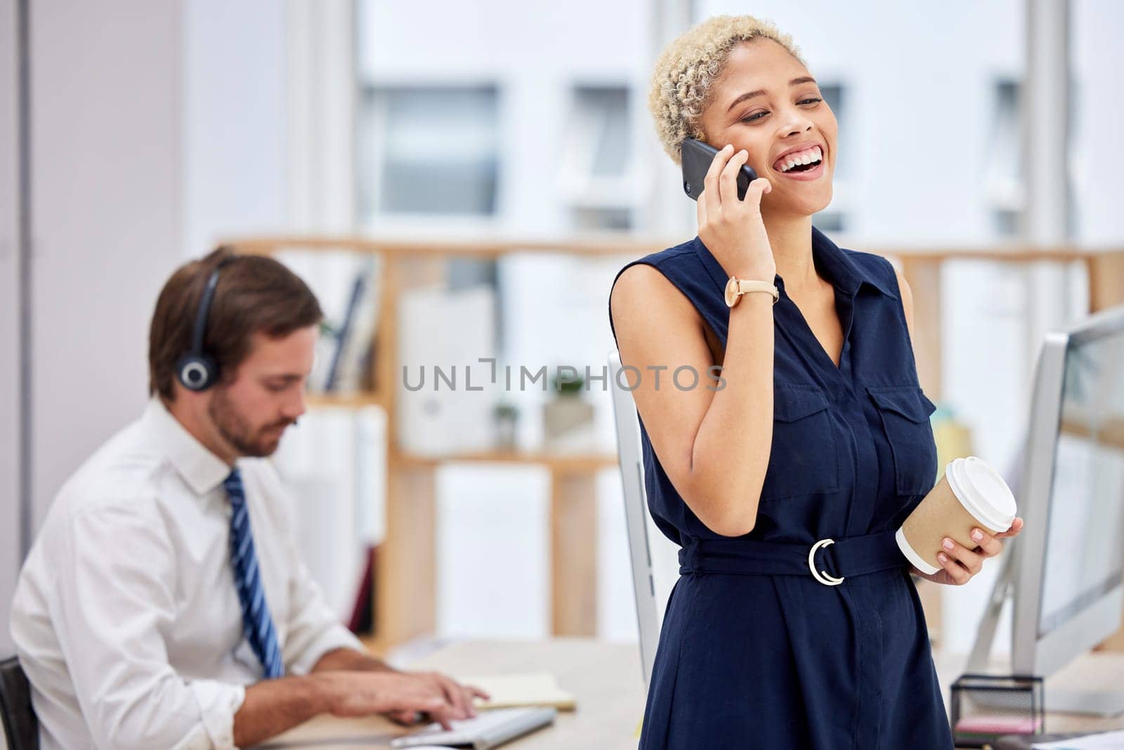 Happy phone call, communication or woman in office for conversation, discussion and talking in New York. Smile, good news and callcenter girl on smartphone for speaking, networking or mobile device by YuriArcurs