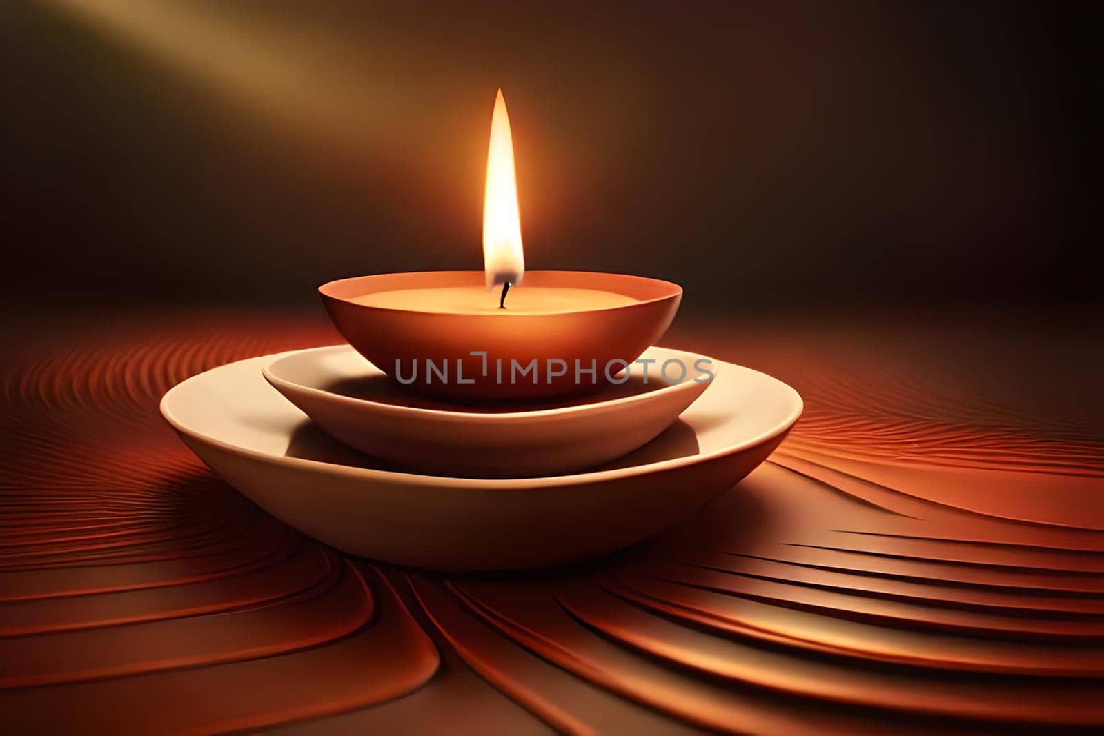 3D rendering indian lamp for diwali celebration on soft background ethereal. Colorful particle effects in the background. Gold filigree on a indian lamp. AI-generated Digital Art