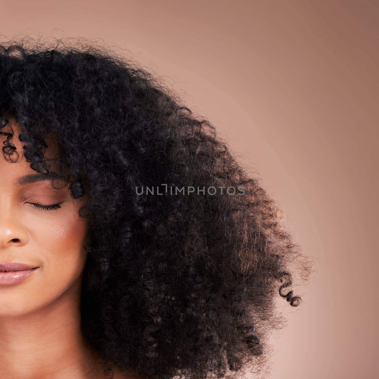 Half face, black woman or afro hair on studio background for product placement, curly mockup or skincare treatment management. Beauty model, natural or hairstyle with makeup on isolated wall mock up.