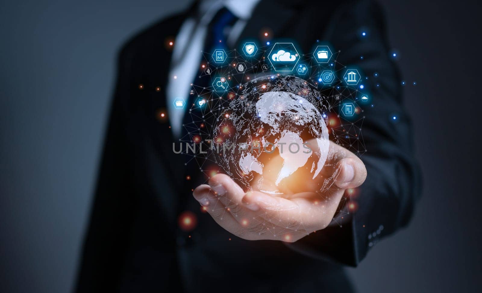 businessman holding globe with virtual Global Internet connection. global internet connection application technology and digital marketing, big data, Financial and banking, Digital link tech.