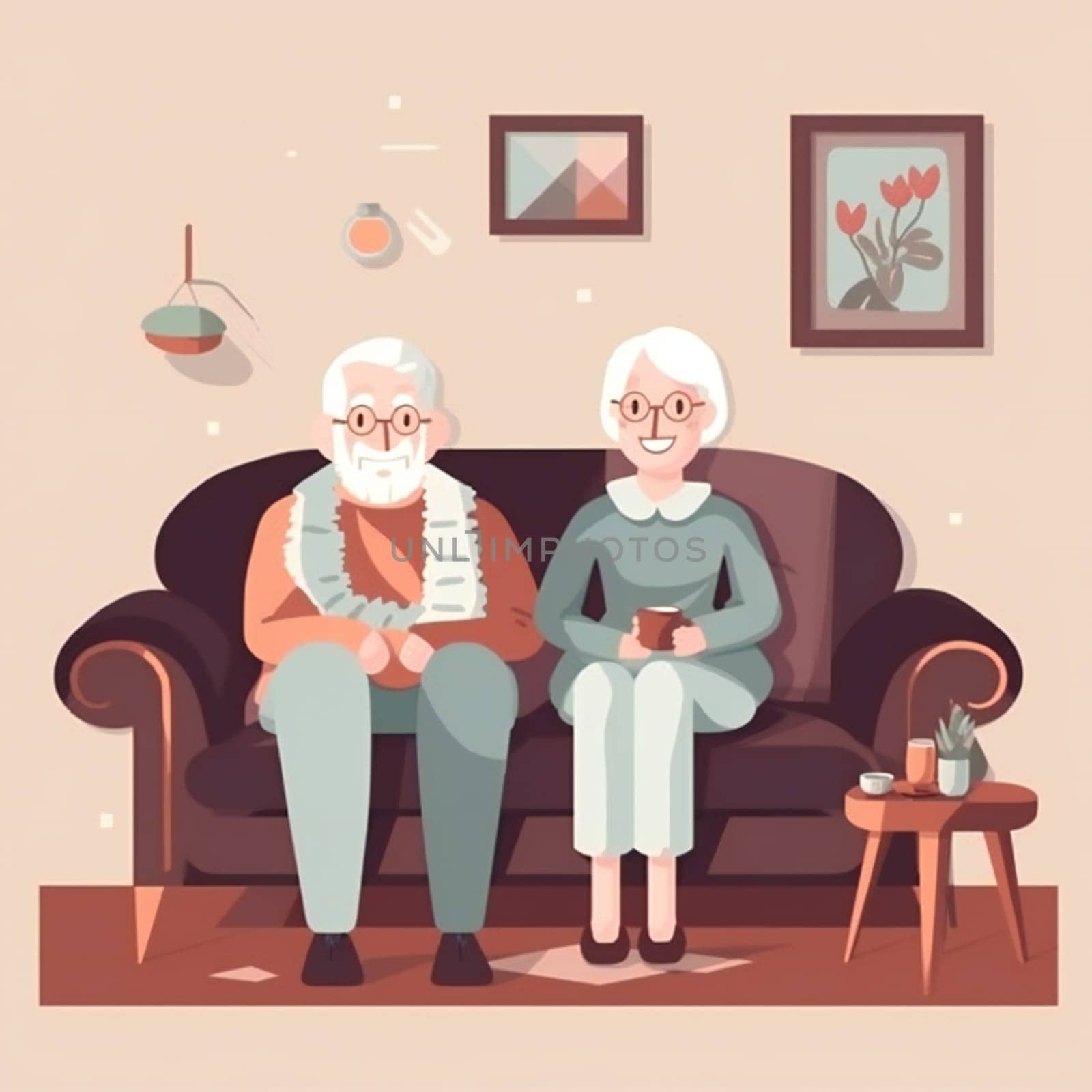 Social concept - old people couple. Happy senior man woman family sitting on the sofa and rest. generative ai by juliet_summertime