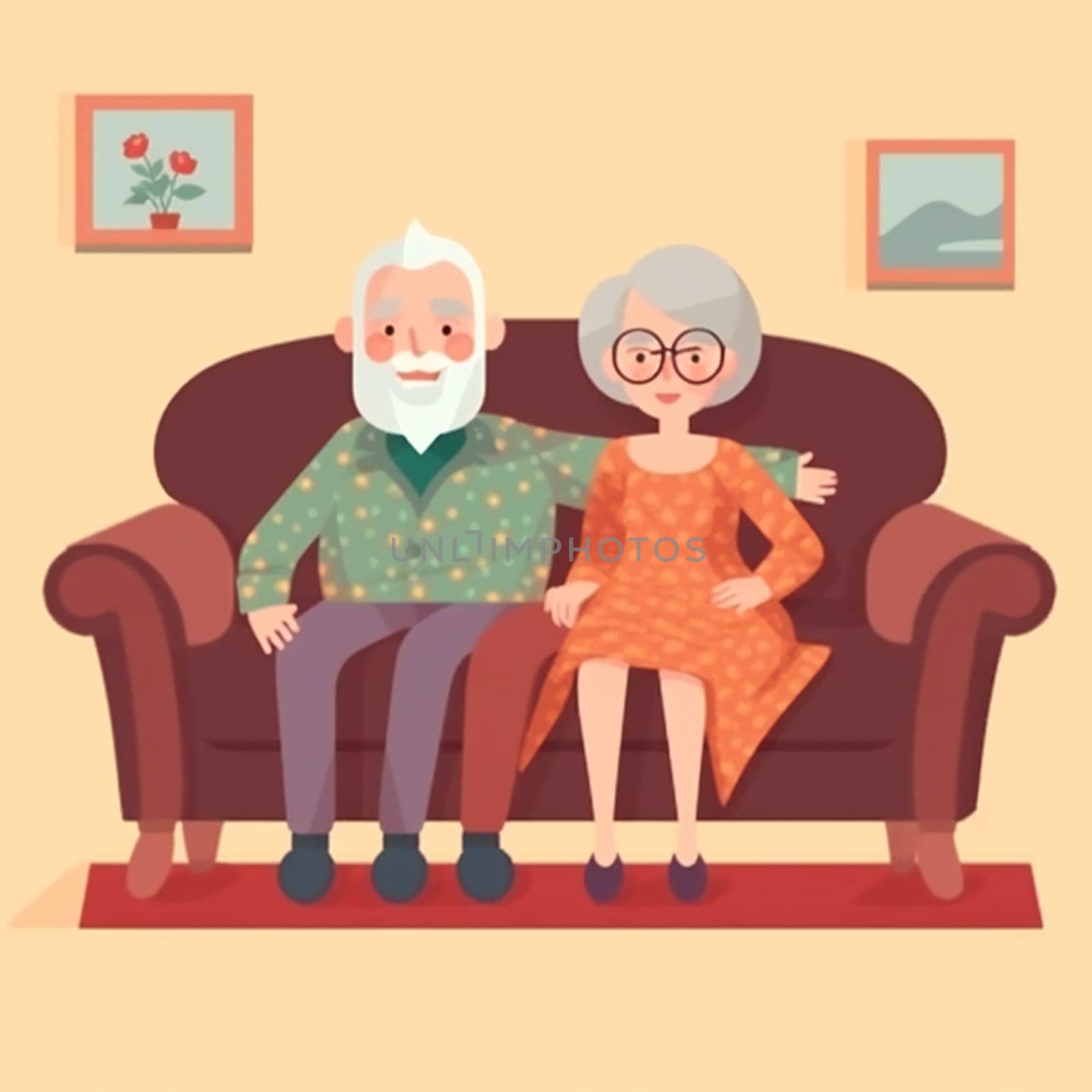 Social concept - old people couple. Happy senior man woman family sitting on the sofa and rest. generative ai by juliet_summertime