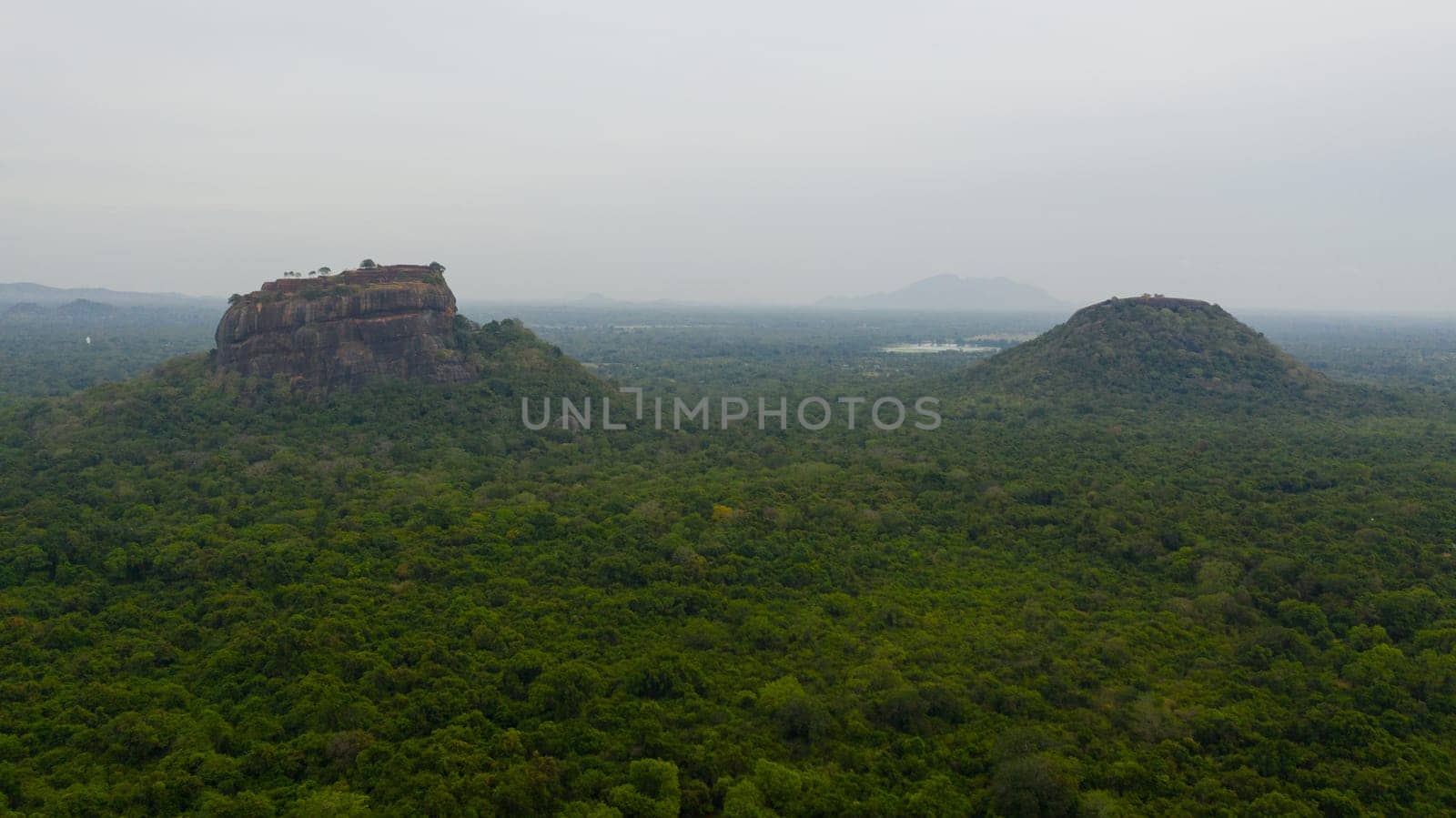 Sigiriya Rock and Pidurangala rock near Dambulla in Sri Lanka. Green rainforest and jungle.