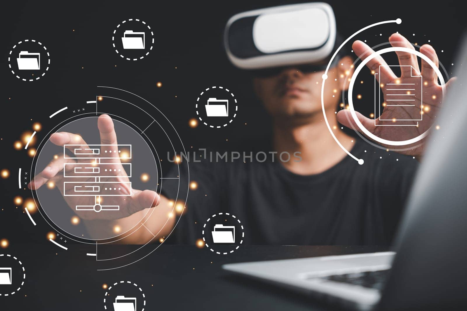 Man wearing VR glasses touching a virtual Global Internet connection in metaverse, utilizing Document Management System DMS for efficient document handling and automation. Future technology at work.