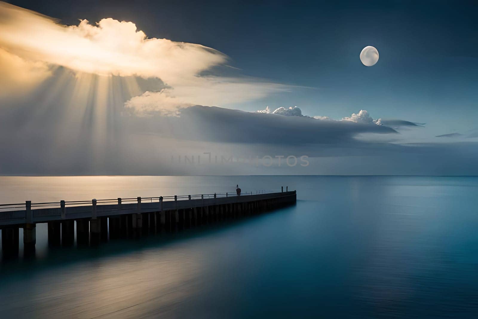 Moonlight in ocean landscape. The ocean stretches out as far as the eye can see, its surface a canvas of deep, midnight blue. AI generated image