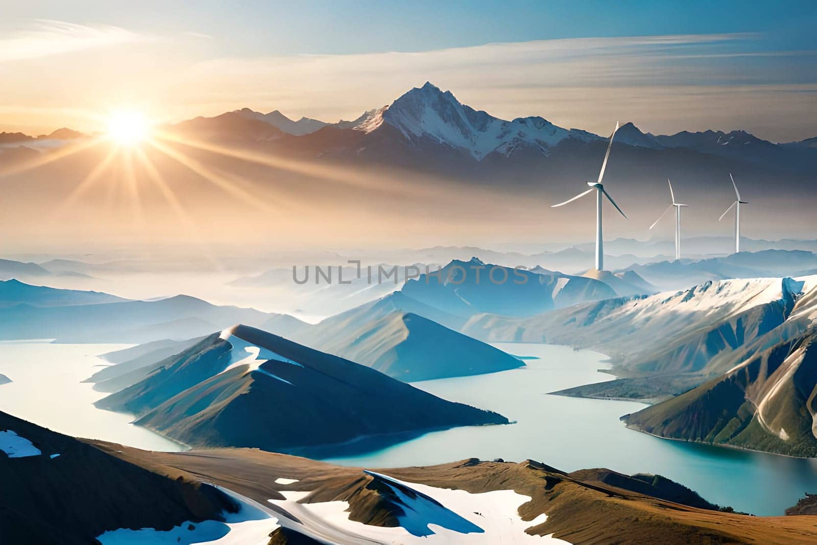 Panoramic view of wind farm or wind park, with high wind turbines for generation electricity with copy space. Green energy concept. Generative AI