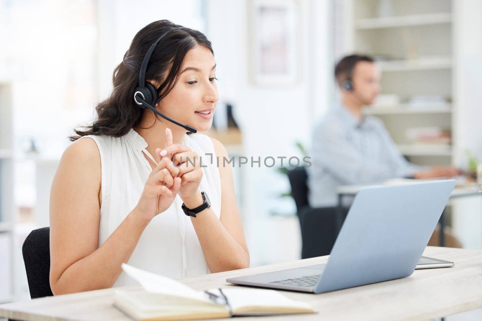 Business woman, video call and laptop with webinar, training workshop and virtual communication at office. Female professional, online chat and conversation with help desk, tech support and seminar.