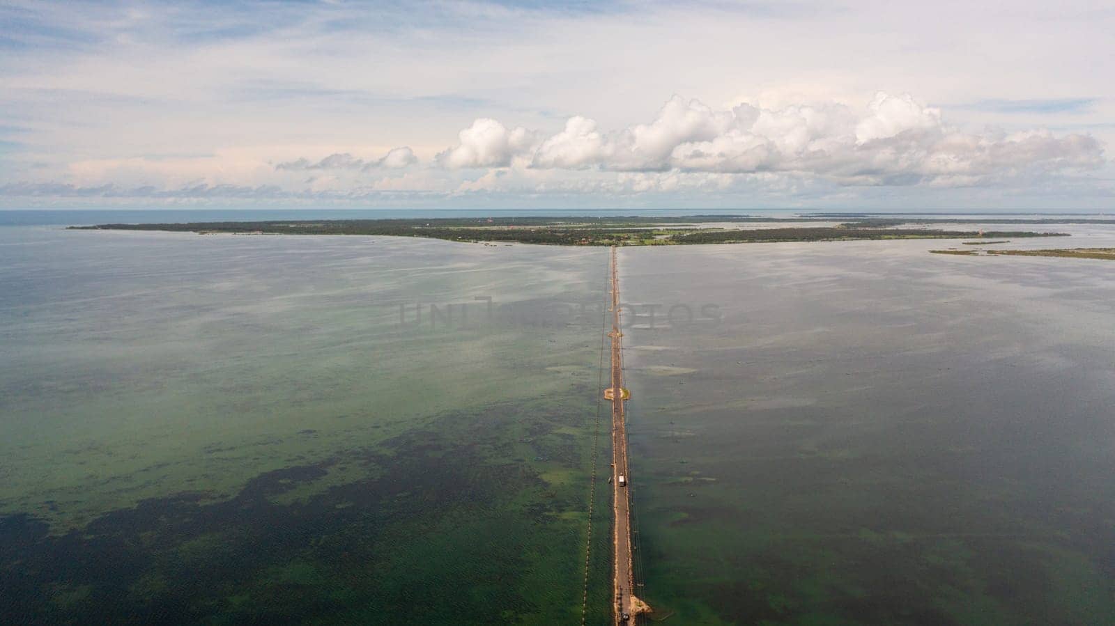 Aerial view of road and bridges between the islands. Sri Lanka.Jaffna.