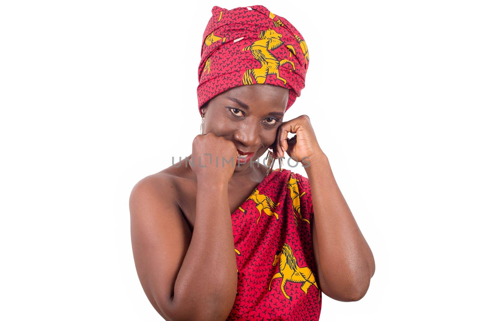 Portrait beautiful african woman in traditional turban, head and body wrapping, African fashion,