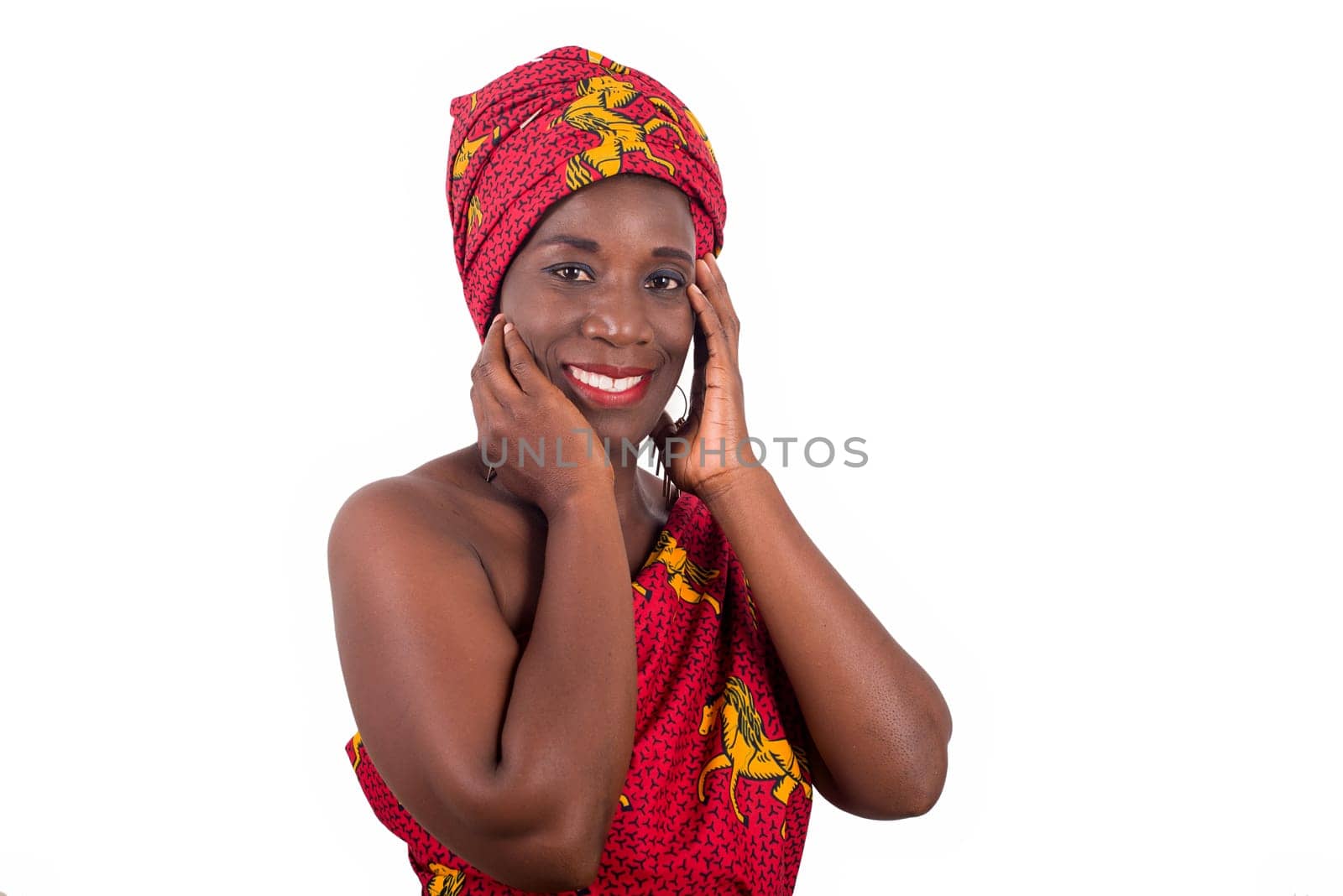 Portrait beautiful African woman in traditional turban, head and body wrapping, African fashionable