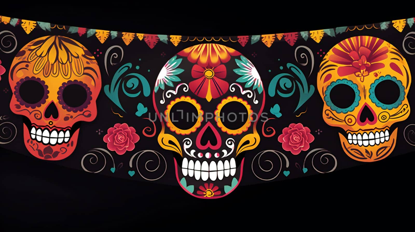 Mexican Dia de los Muertos (Day of the Dead) sugar skull with flowers banner. Generative ai by juliet_summertime