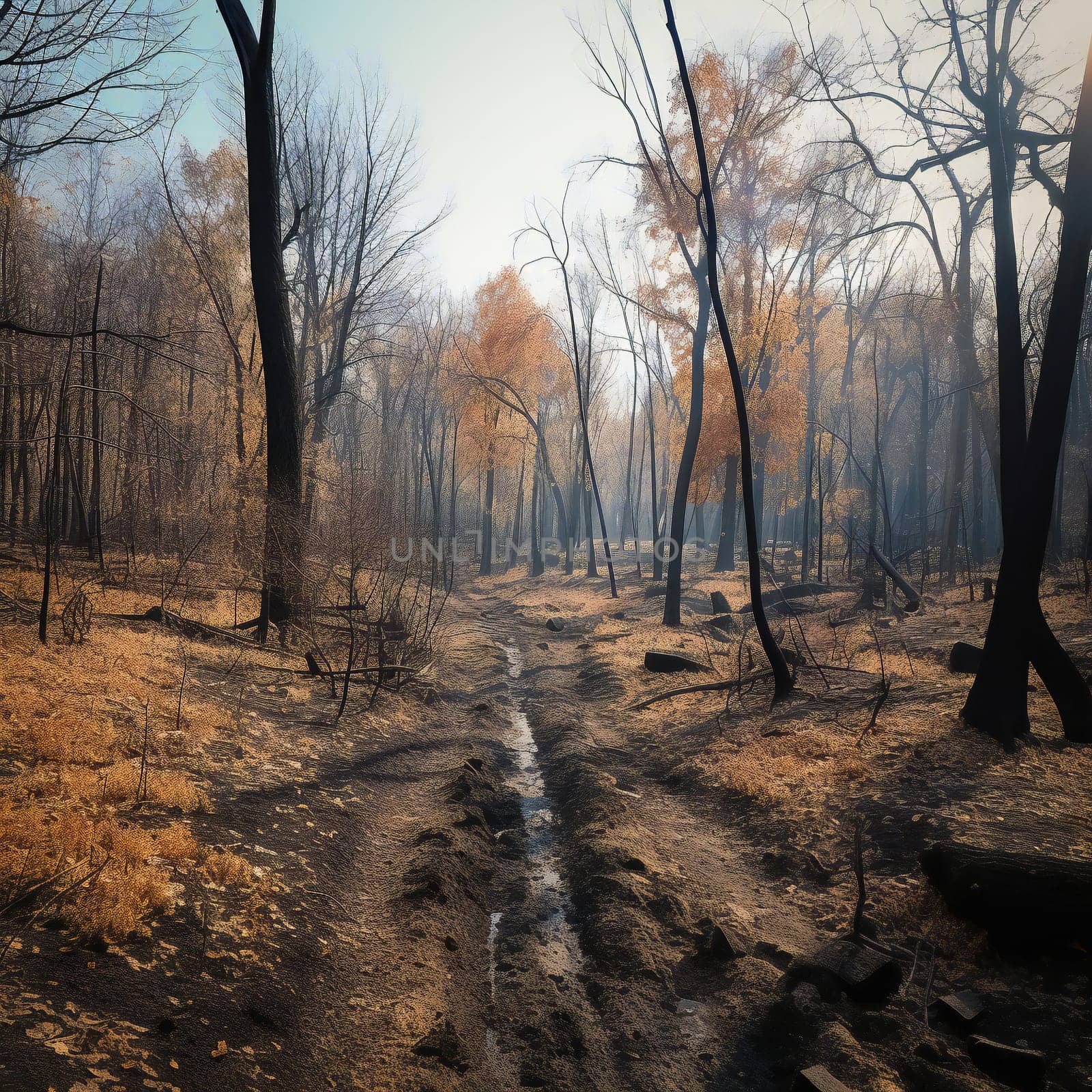 Charred and blackened forest after a fire has passed through. Generative ai by juliet_summertime