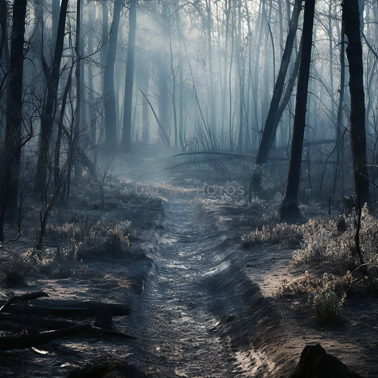 Charred and blackened forest after a fire has passed through