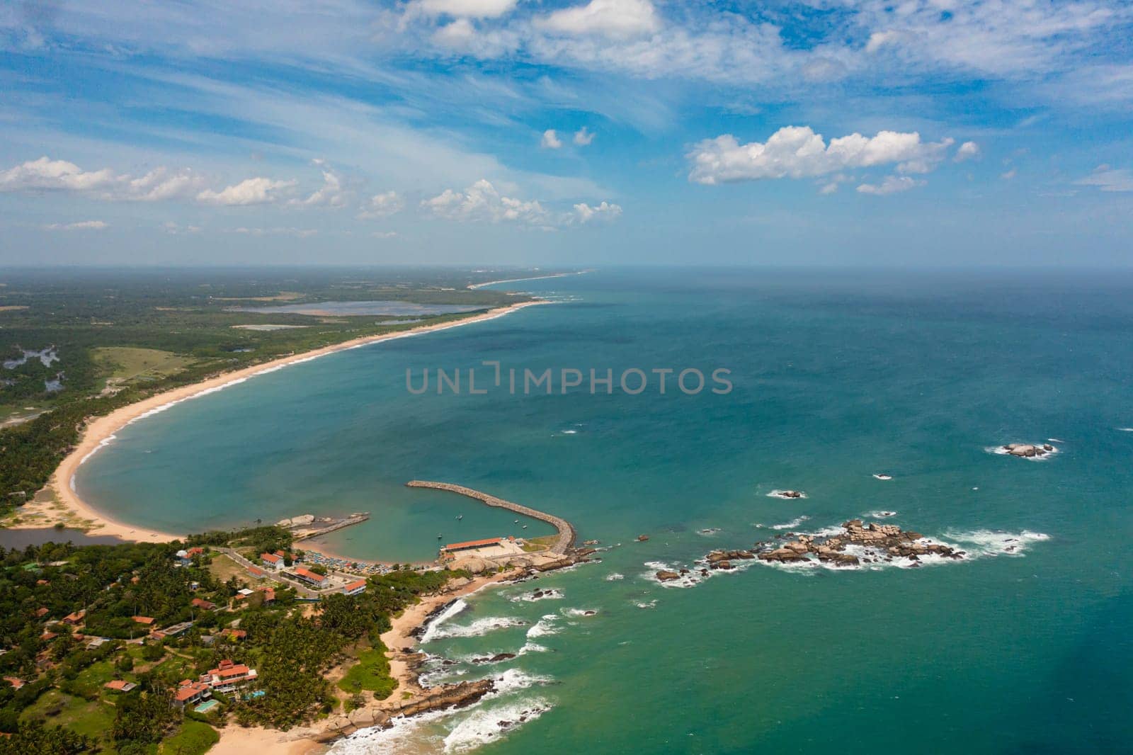 Aerial drone of Beautiful tropical beach and blue sea. Sri Lanka.