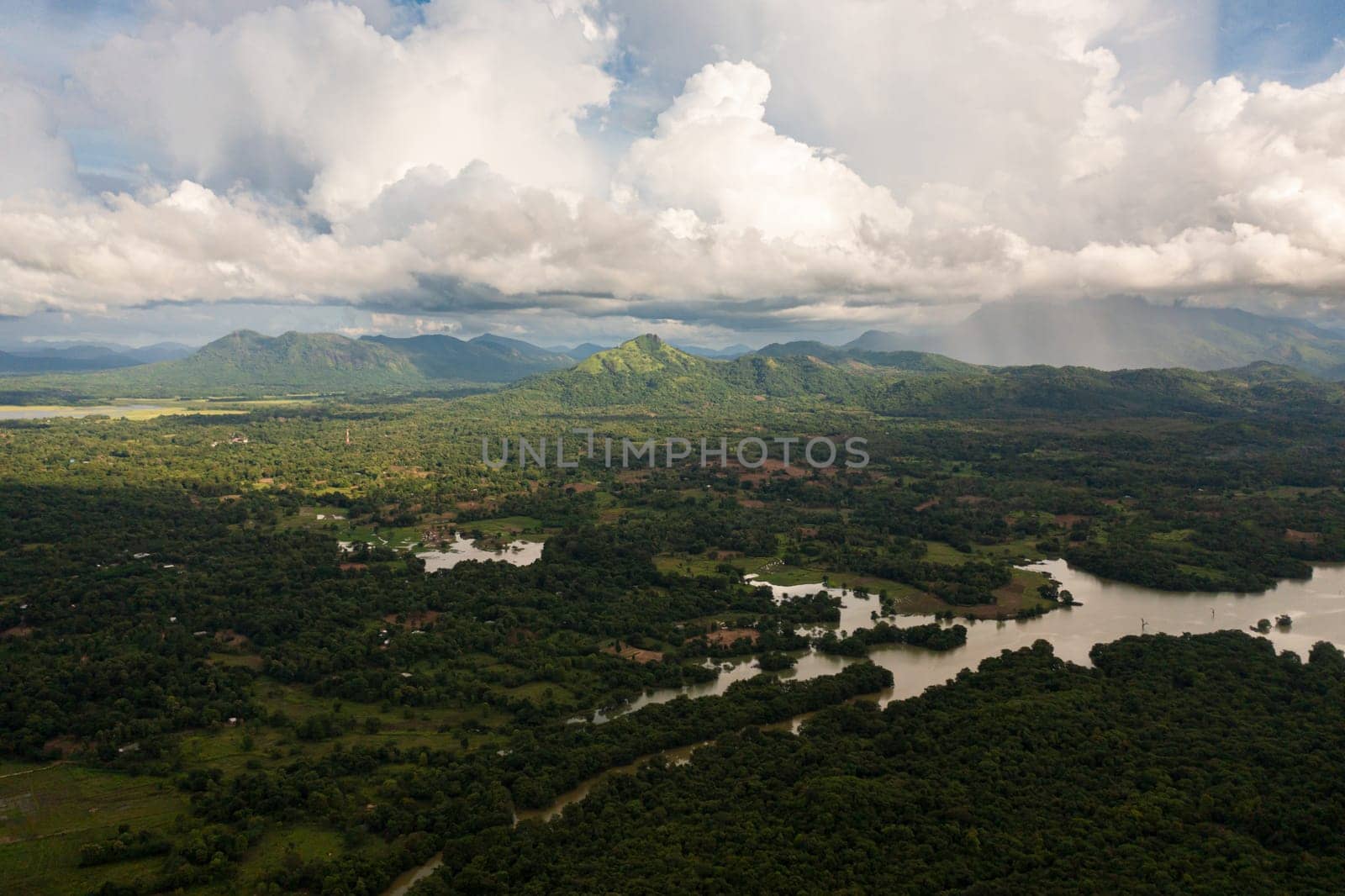 Aerial view of Tropical mountain range and mountain slopes with rainforest. Sri Lanka.