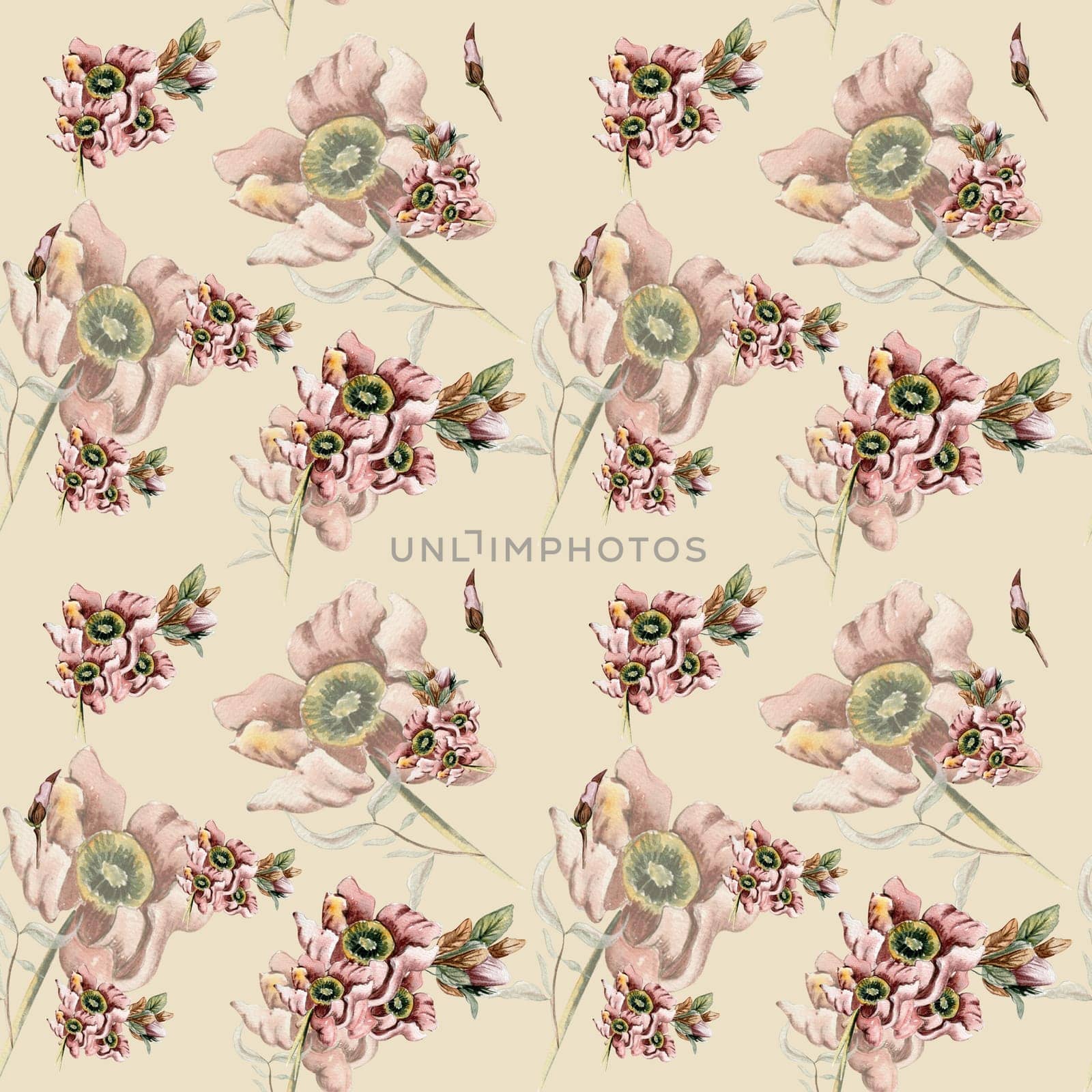 Fall harvest flower seamless pattern. Watercolor fall flowers, leaves and berries . Thanksgiving print.Background with beautiful fall flowers. Applicable for textiles, fabric, decor.