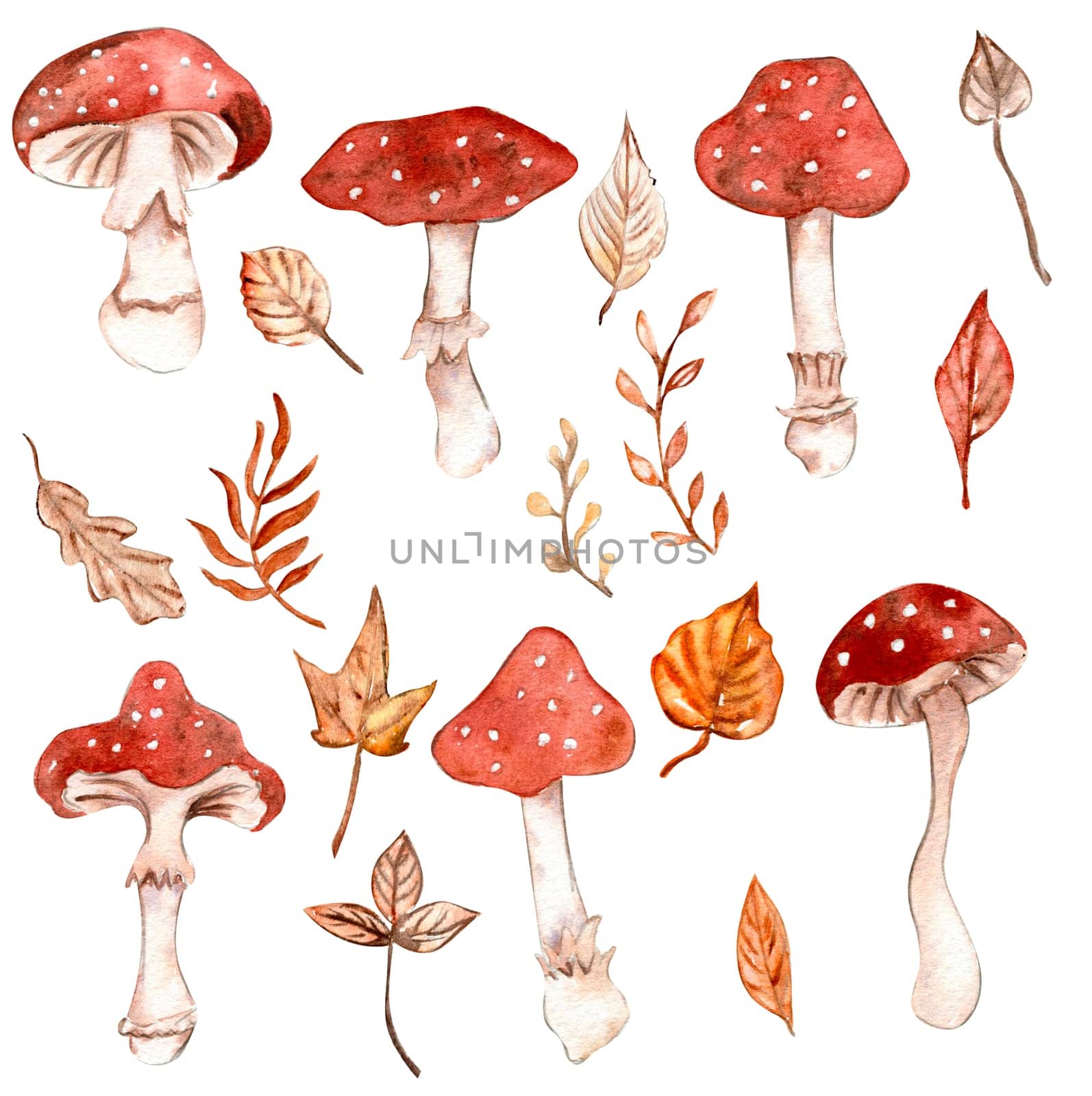 Watercolor hand drawn autumn leaves and mushrooms. Hand drawn illustration of autumn. Perfect for scrapbooking, kids design, wedding invitation, posters, greetings cards, party decoration.