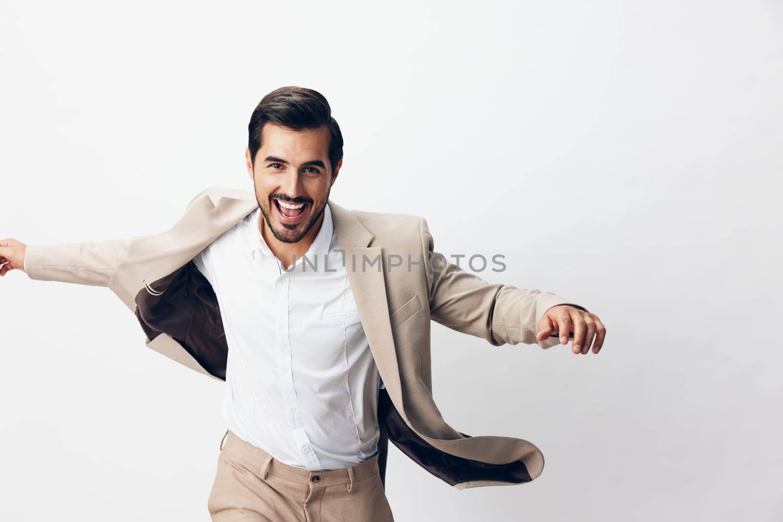 man smile isolated male white success running work shirt business sexy hand professional victory businessman beige flying suit happy winner jacket eyeglass