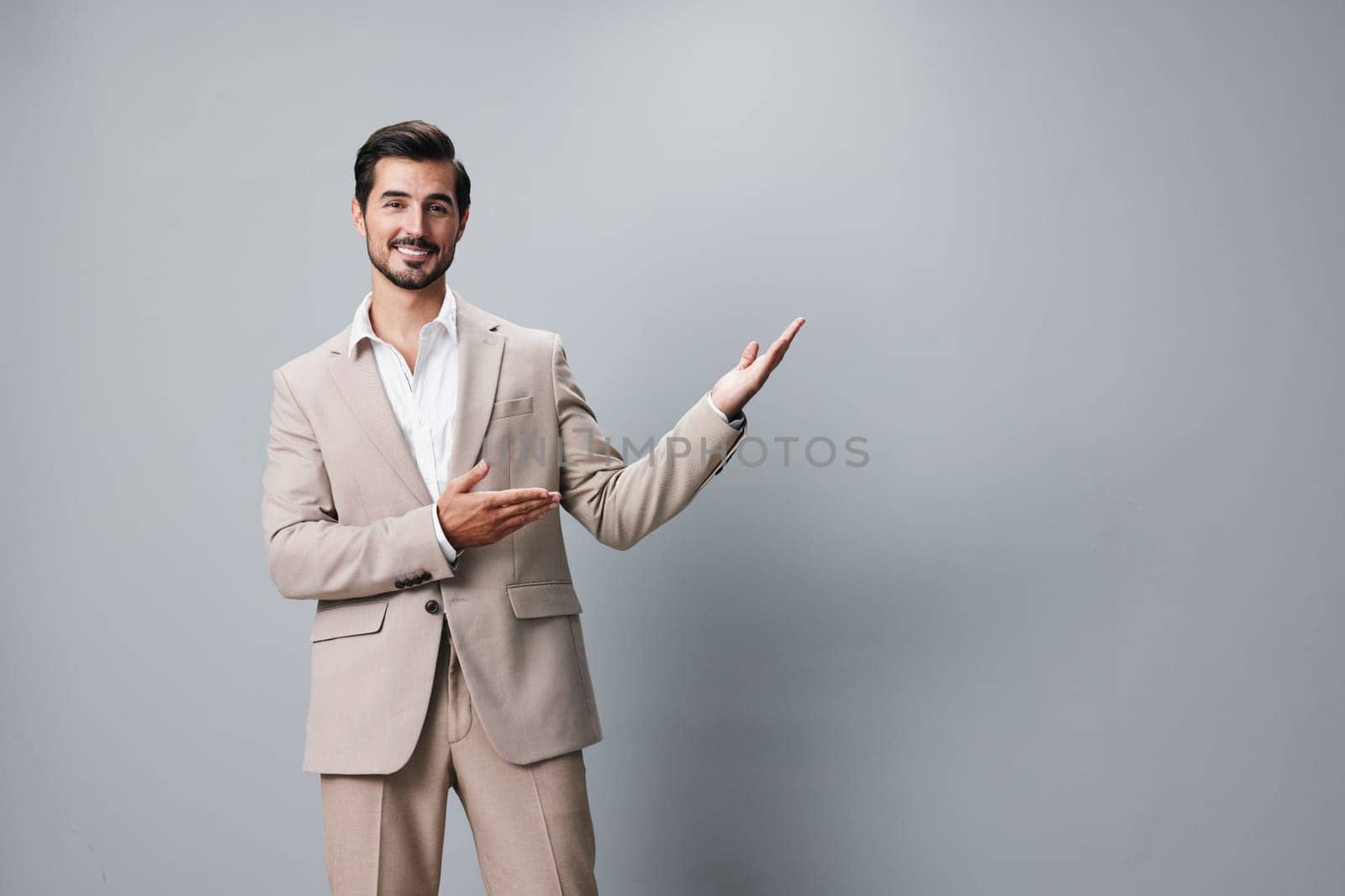 man business happy handsome grey businessman portrait copyspace smiling suit beige by SHOTPRIME