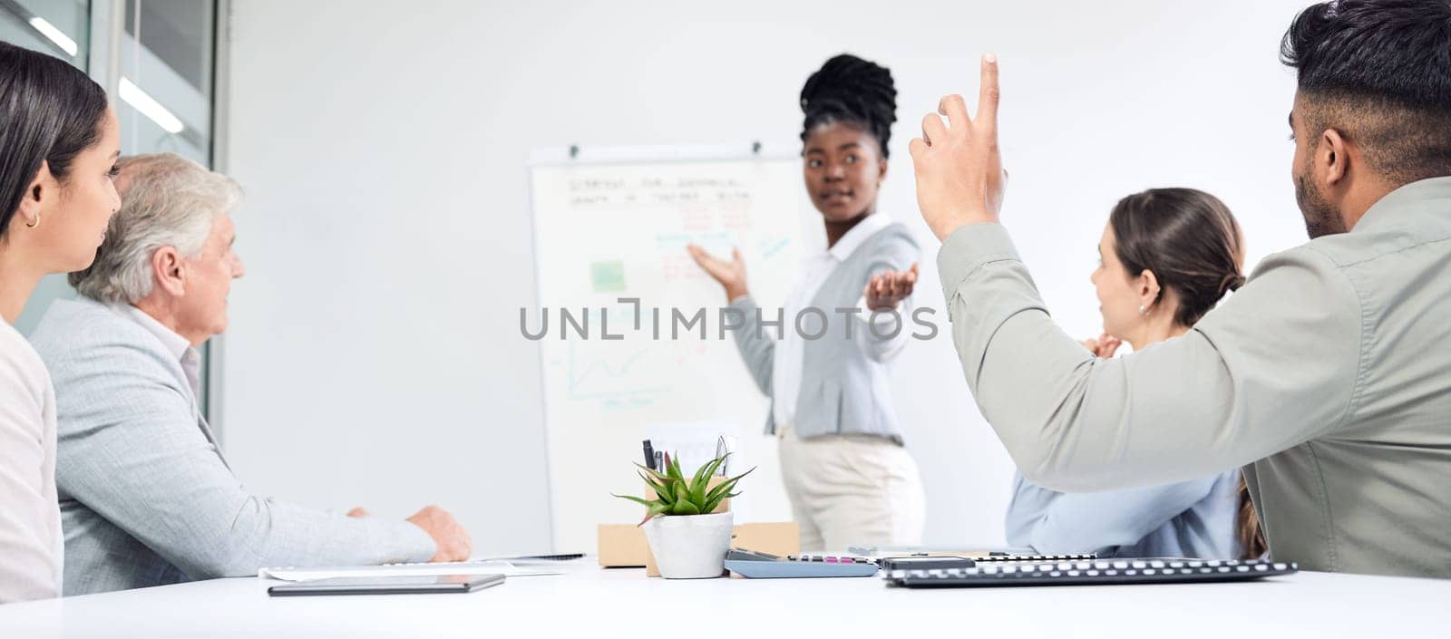 Questions, presentation and business people, leader or manager on whiteboard, finance solution or stats update. Yes, speaking and african woman, man and hands in air for financial feedback in meeting.