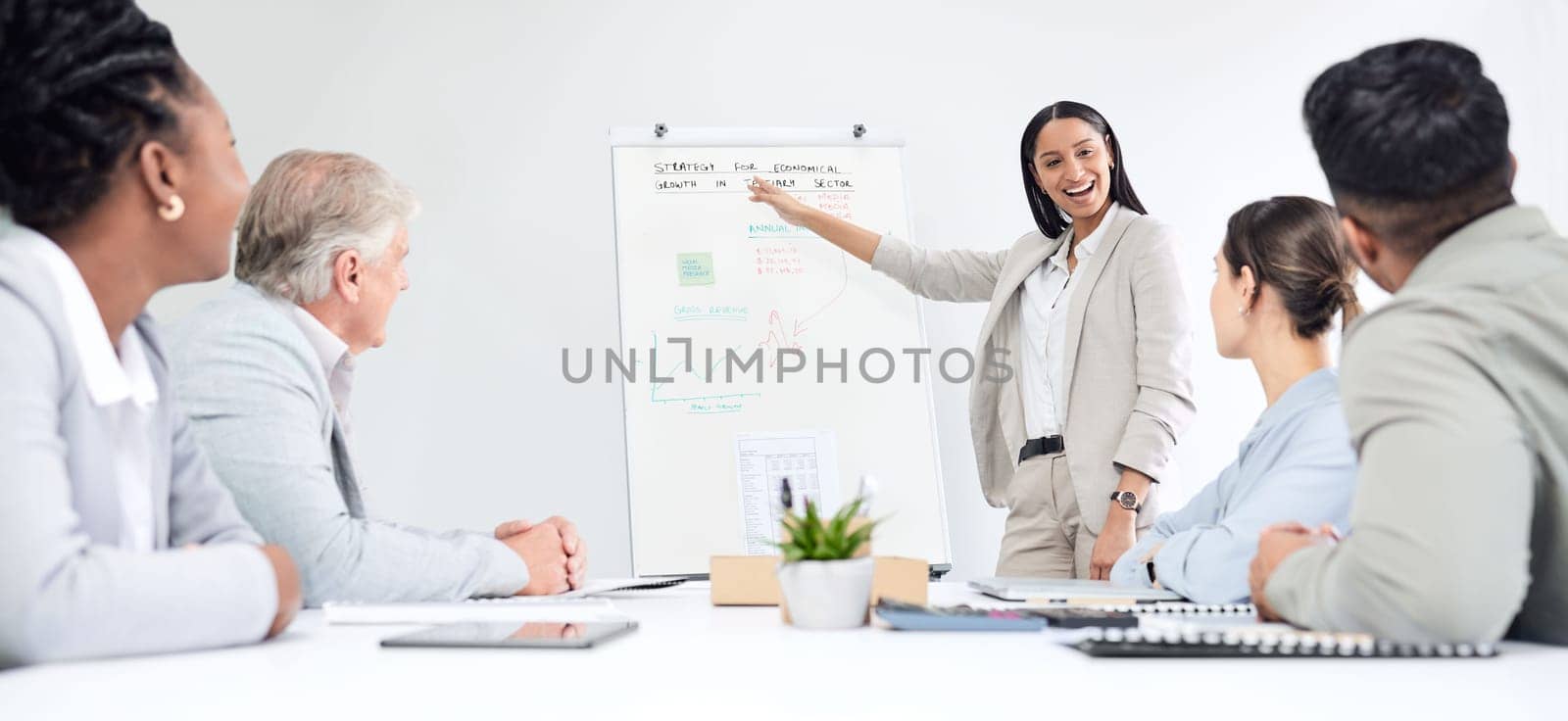 Business woman, meeting and whiteboard presentation in finance, statistics and stats, increase and revenue or sales. Happy people, client or manager talking, show graphs and statistics for investment.