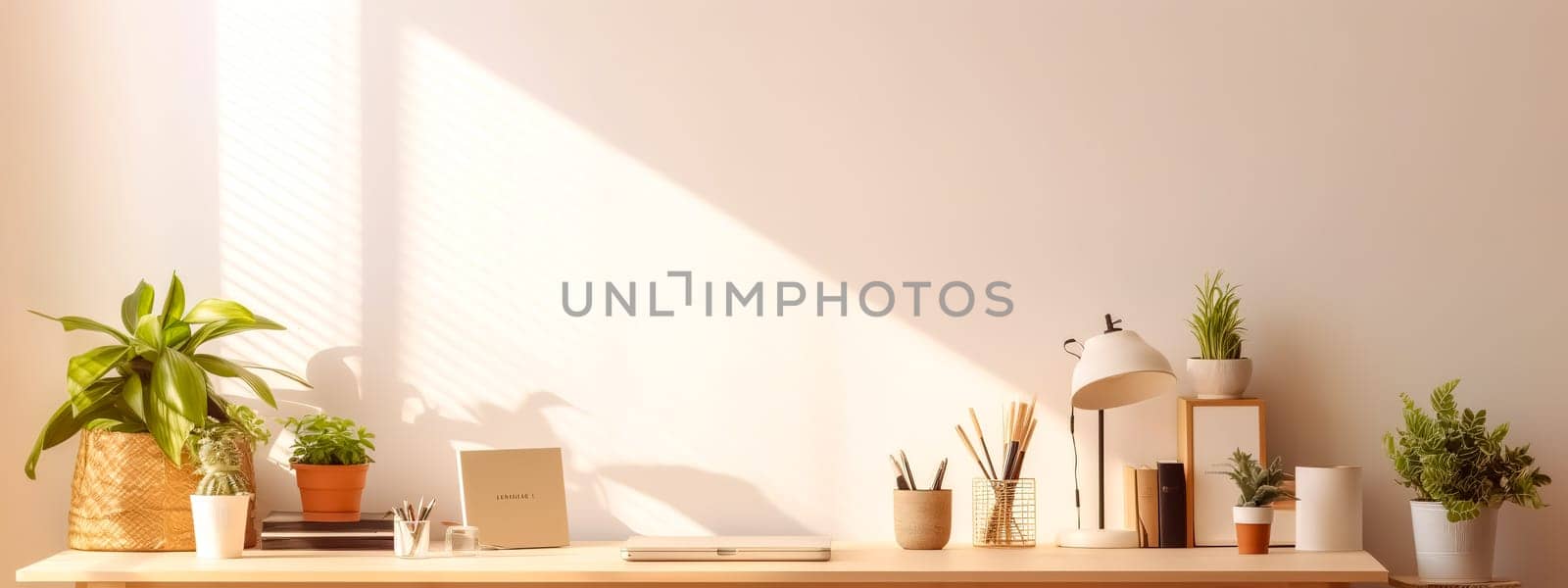 home office, work desk for working from home online, banner with copy space, made with Generative AI by Edophoto