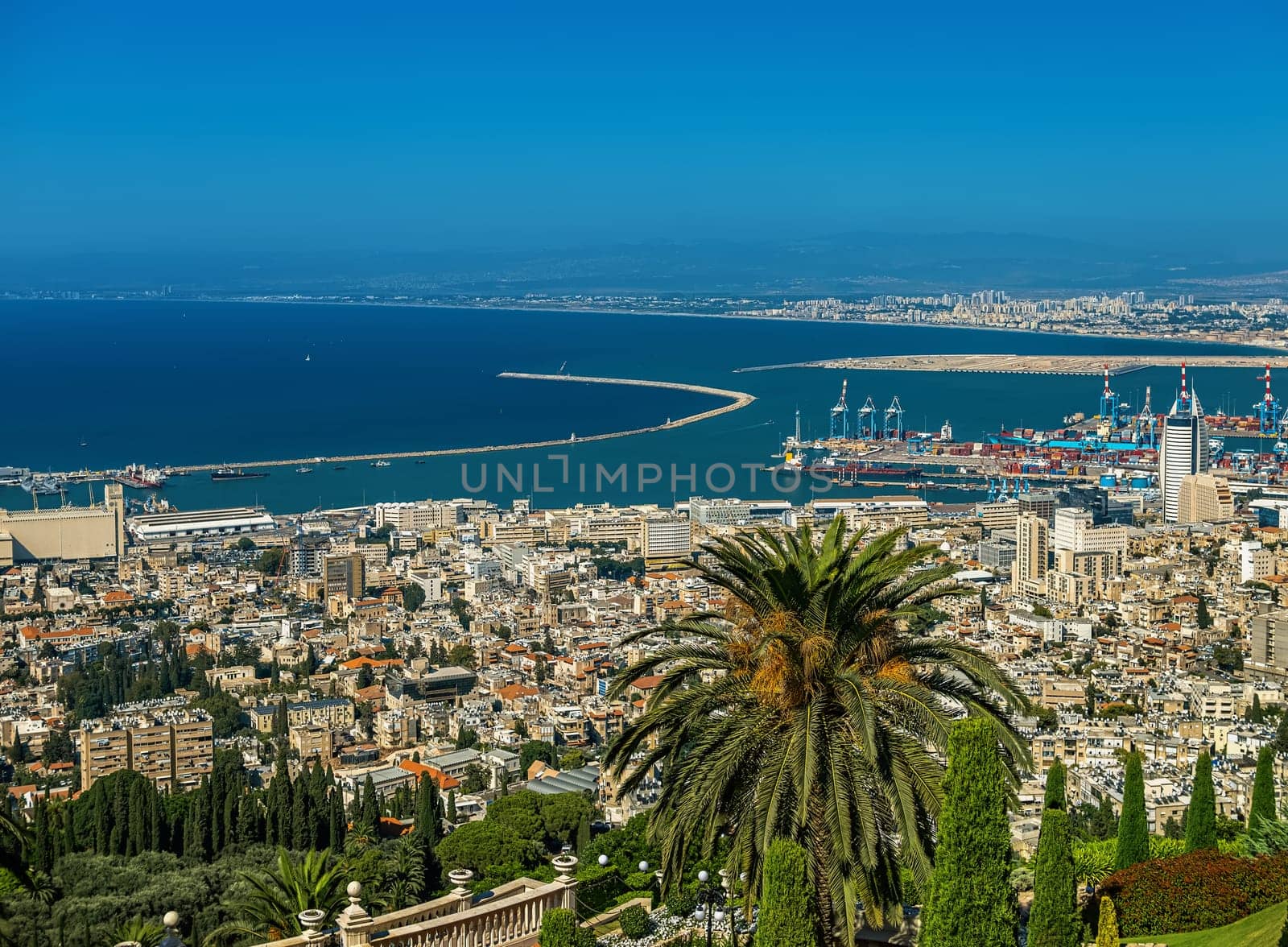 July 23, 2019. Haifa, Israel. panorama of Haifa Bay and Port on the Mediterranean Coast of Israel