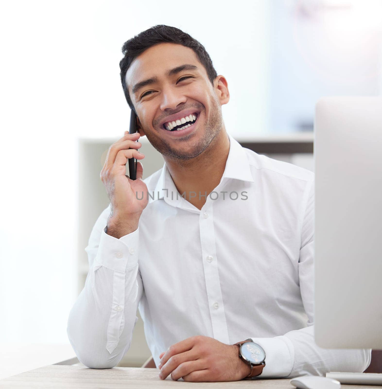 Happy, phone call and business man in office for networking, communication and contact. Technology, corporate and connection with male employee for conversation, entrepreneur and discussion.