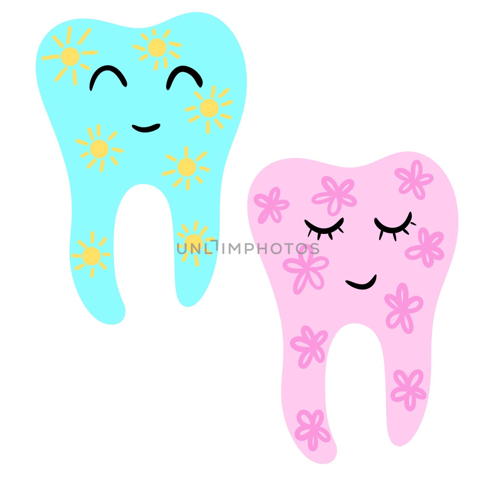 Hand drawn illustration of cute tooth teeth, dentist design for kids children. Funny chacter in pink blue, dental hygiene medicine healthcare, happy cartoon mouth . by Lagmar