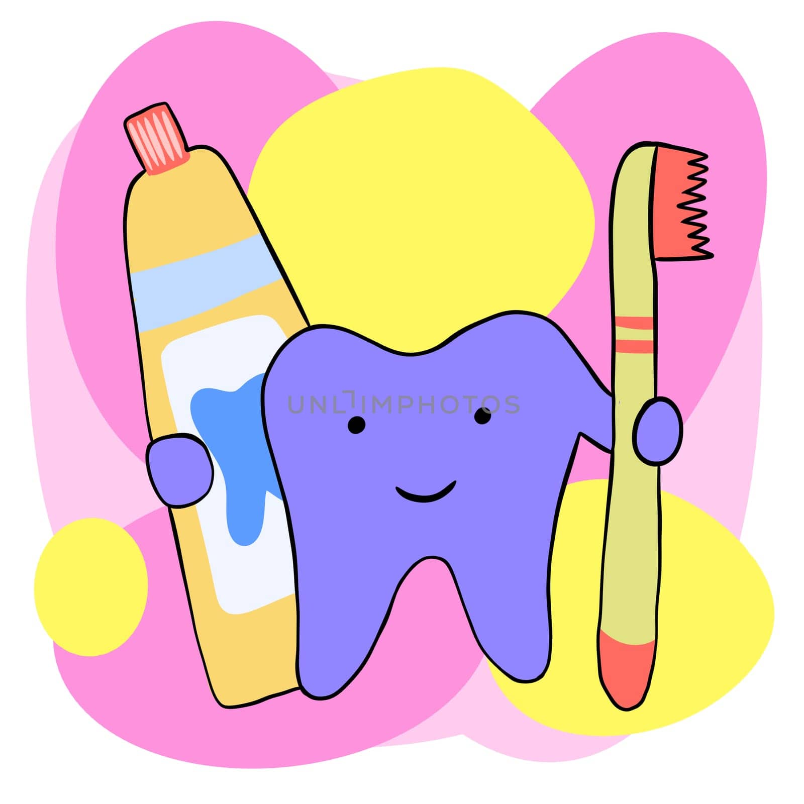 Hand drawn illustration of cute tooth teeth, dentist design for kids children. Funny chacter in pink blue, dental hygiene medicine healthcare, happy cartoon mouth . by Lagmar
