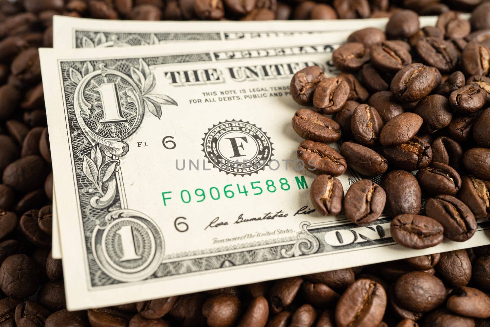 US dollar banknote money on coffee beans, Import Export Shopping online or eCommerce delivery service store product shipping, trade, supplier concept.